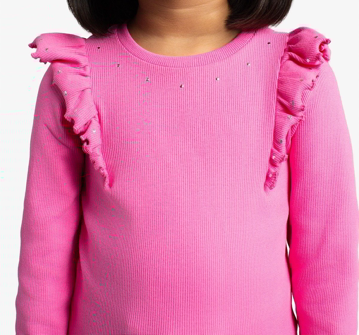 Girls Full Sleeves Ribbed T-Shirt With Metal Studs