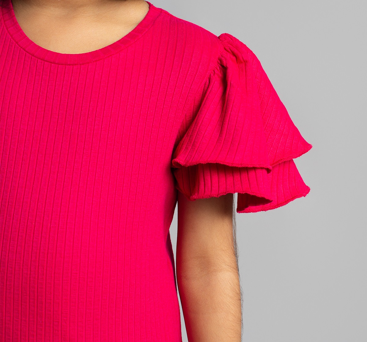 Girls Ribbed T-Shirt With Flutter Sleeves