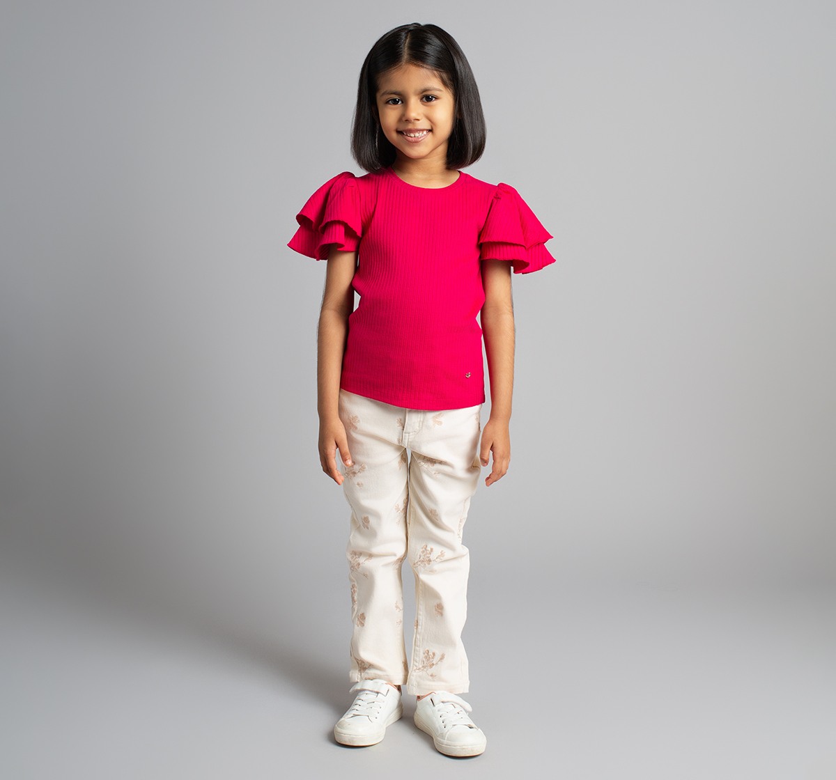 Girls Ribbed T-Shirt With Flutter Sleeves