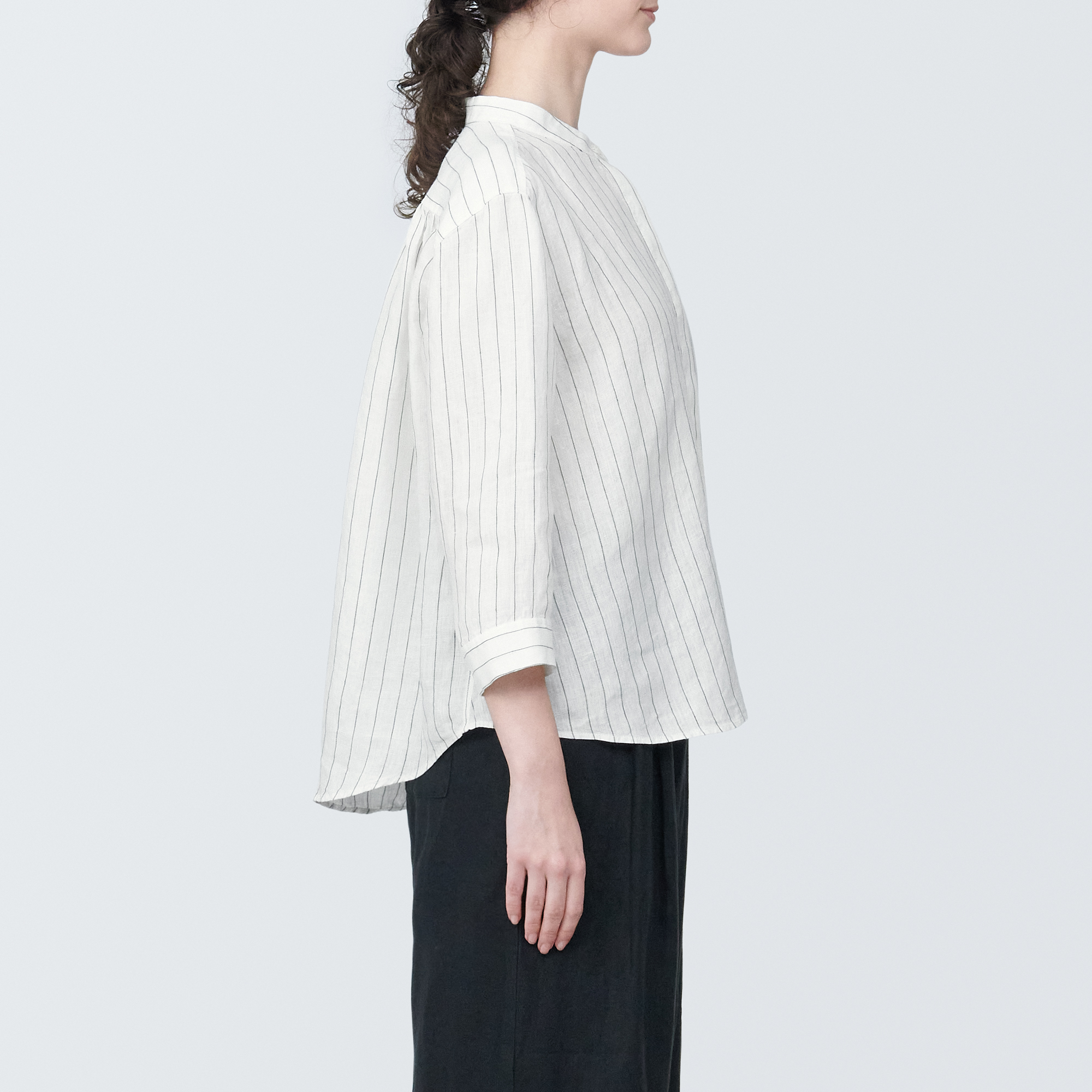 Washed linen Stand collar 3/4 sleeve blouse