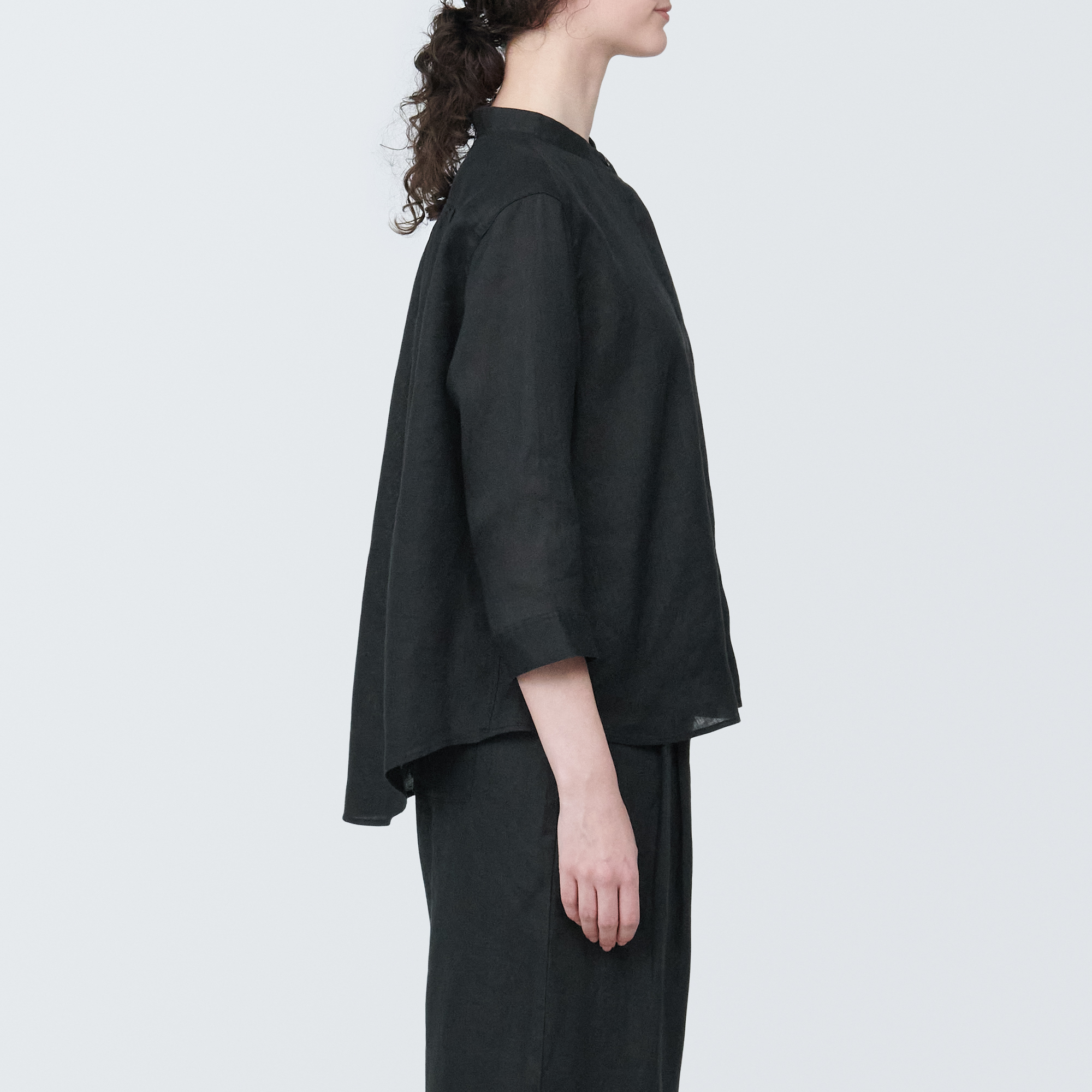 Washed linen Stand collar 3/4 sleeve blouse