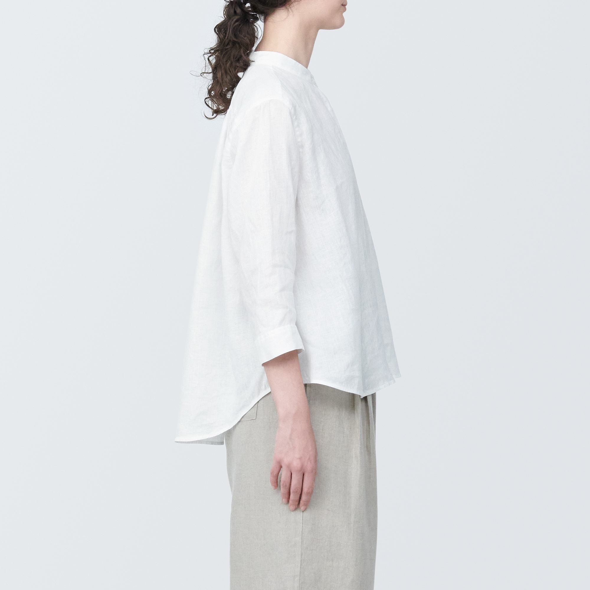 Washed linen Stand collar 3/4 sleeve blouse