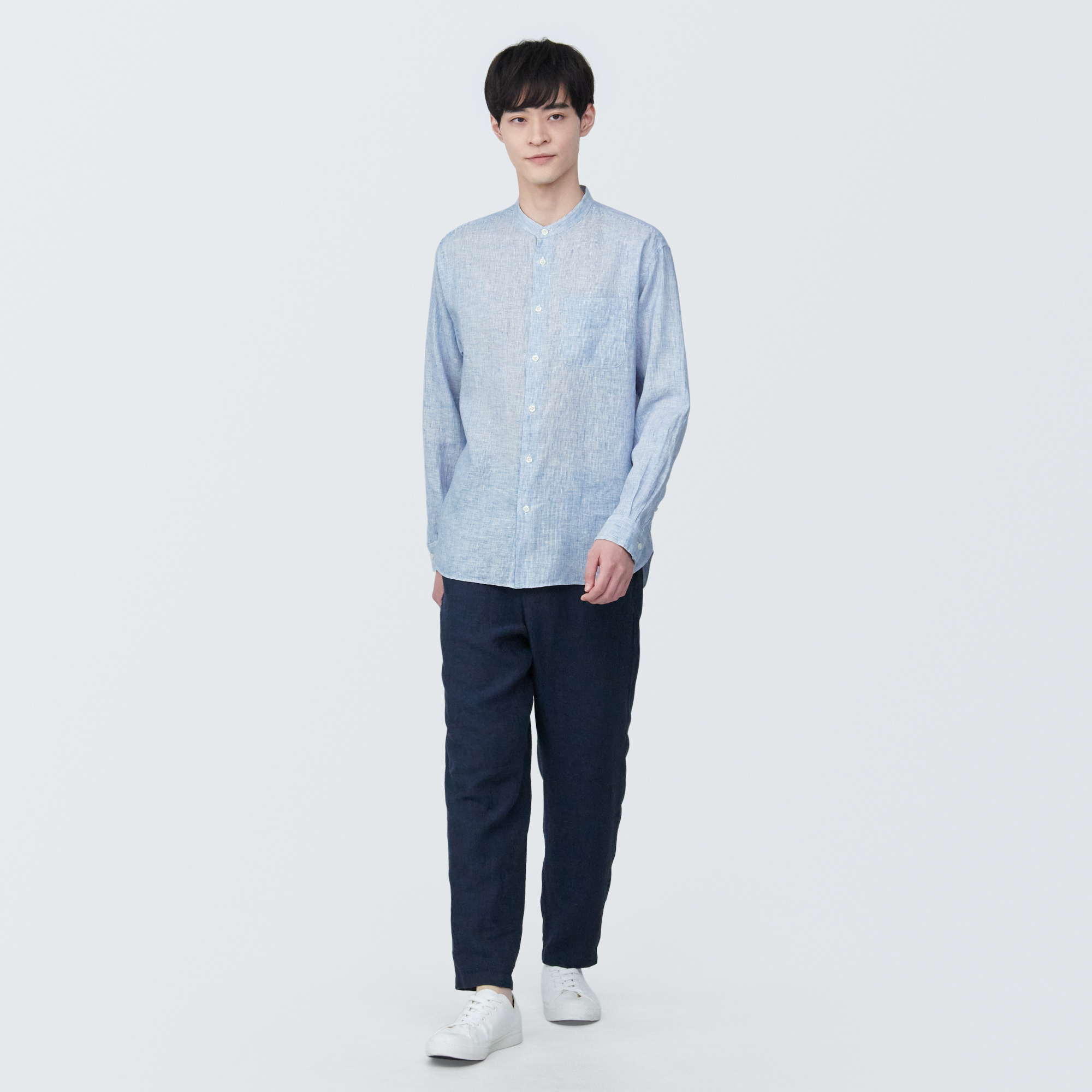 Linen washed stand collar L/S shirt