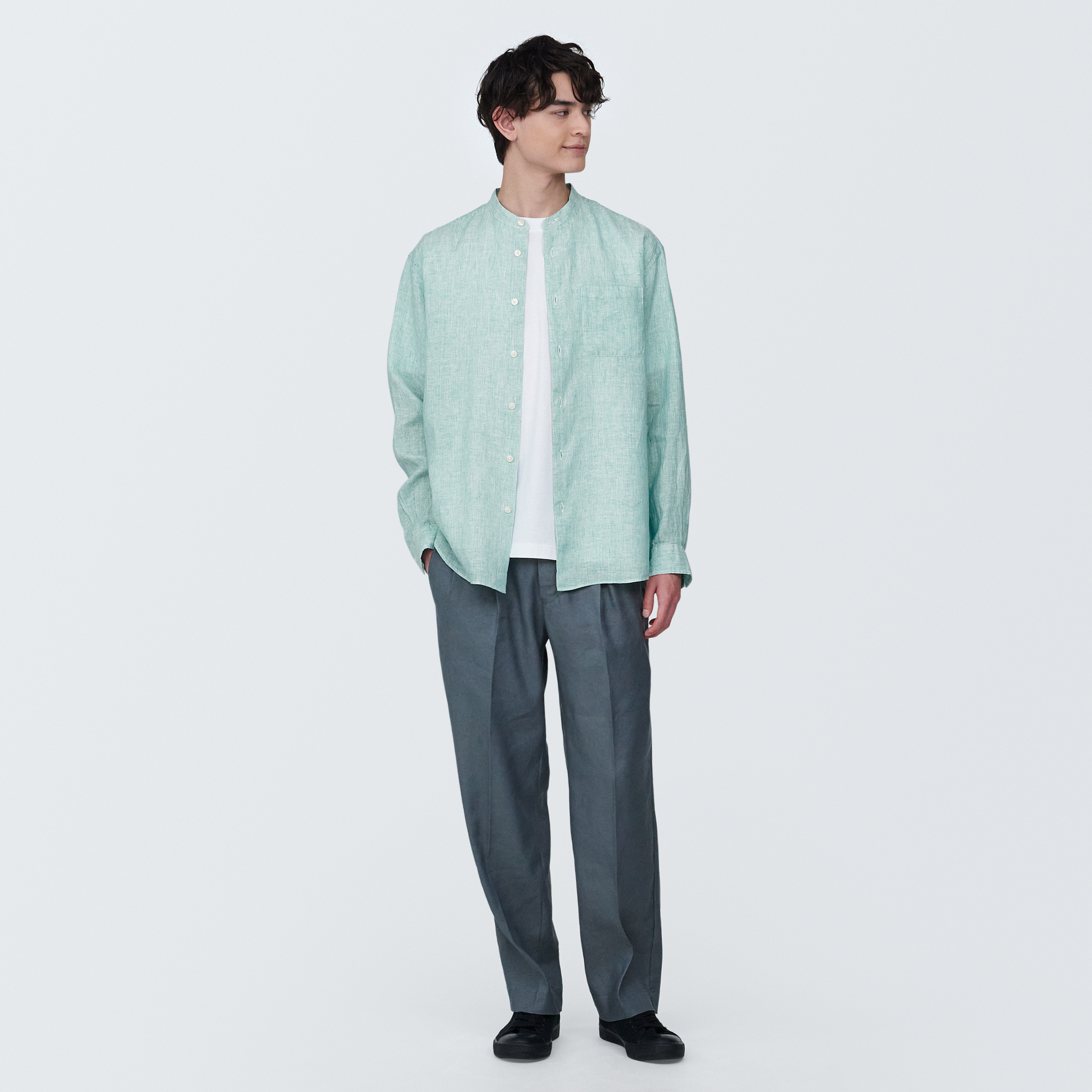 Linen washed stand collar L/S shirt