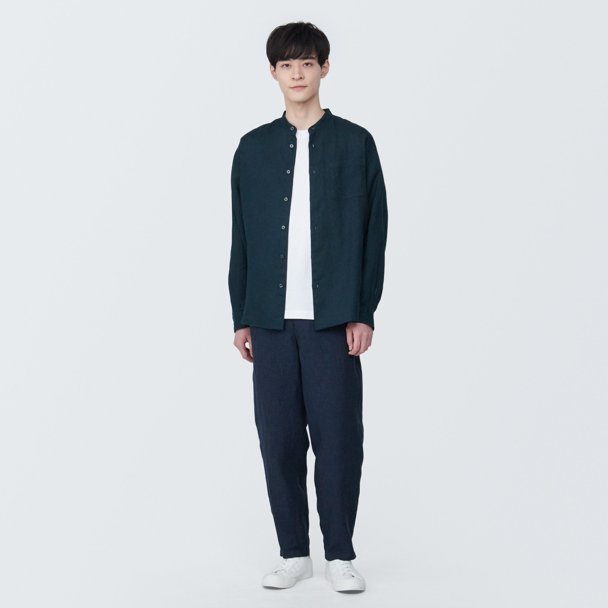 Linen washed stand collar L/S shirt