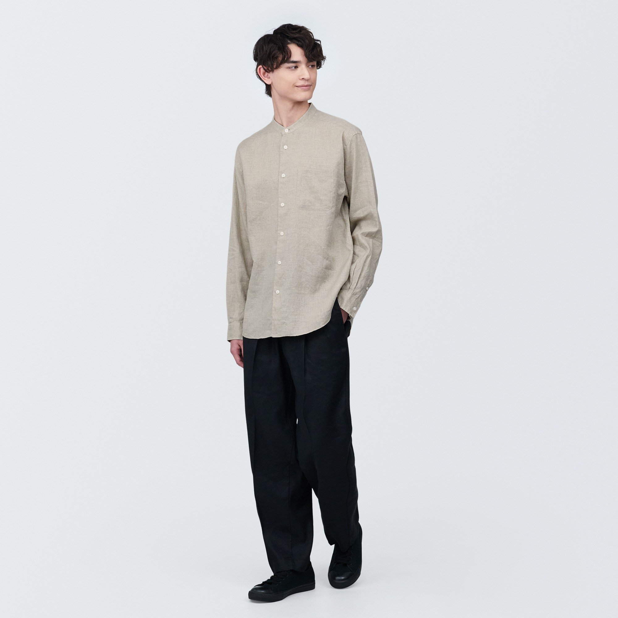 Linen washed stand collar Long Sleeve shirt