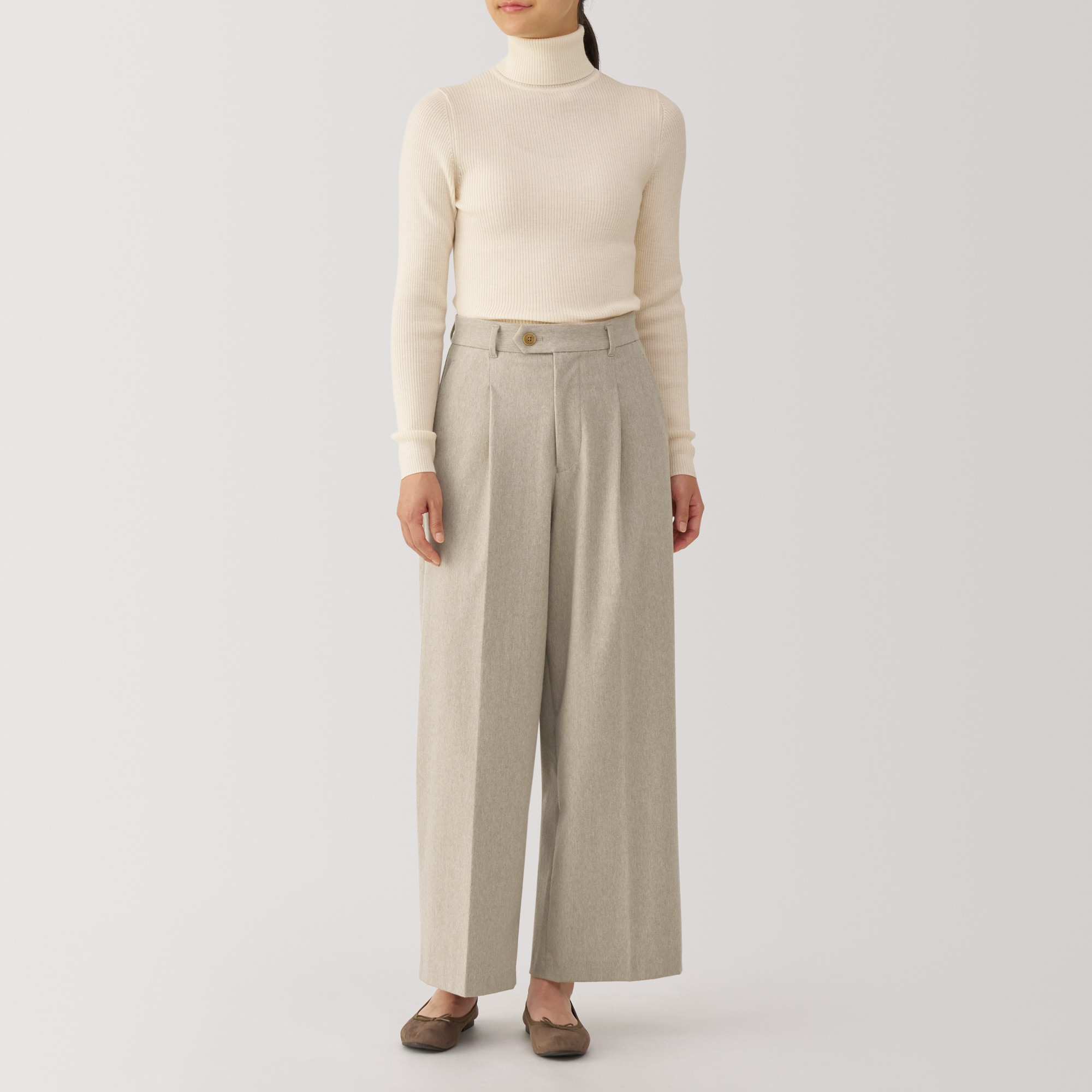 Women's Stretch brushed cloth Tucked wide pants