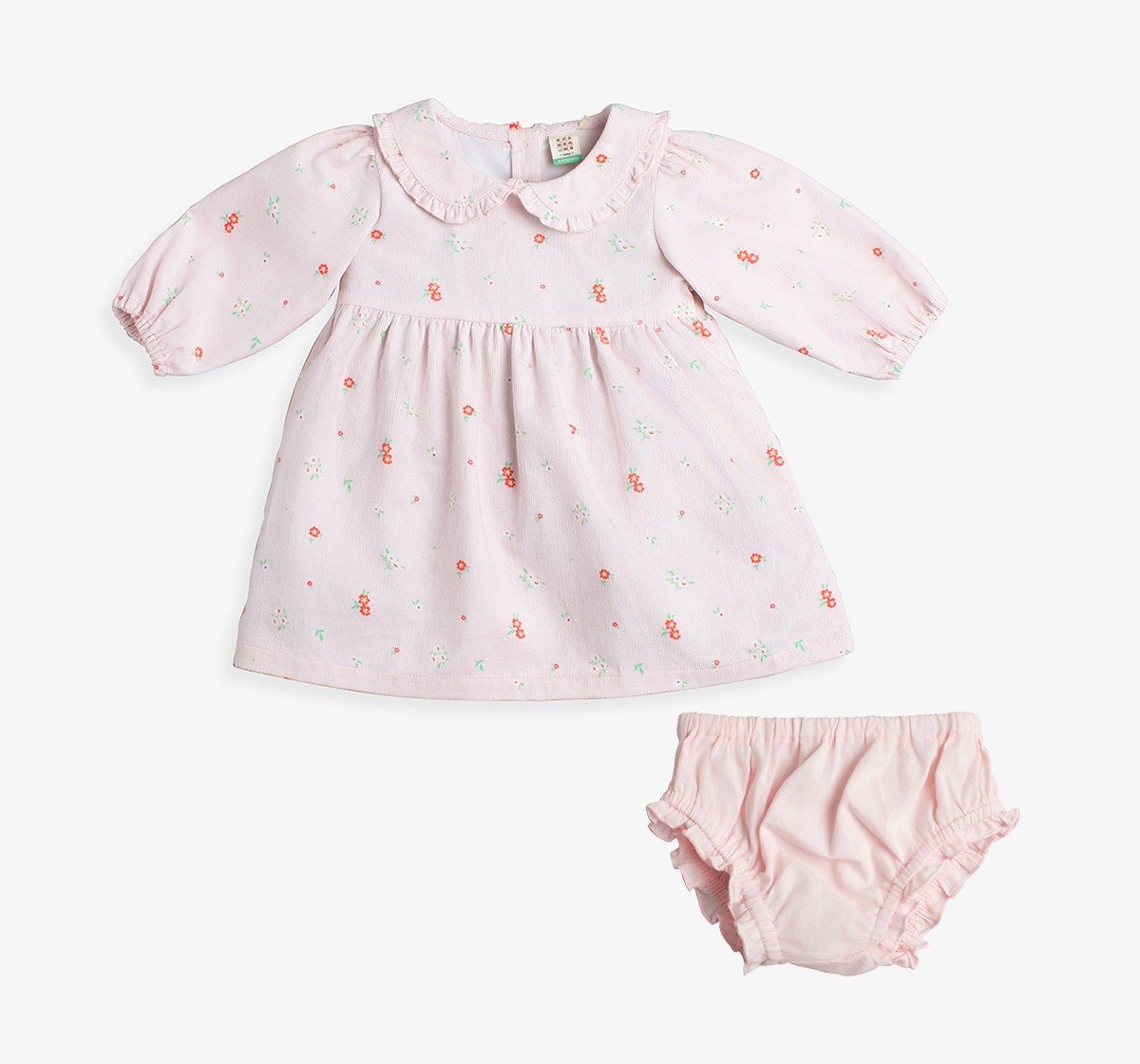 Baby Girls Floral Printed Dress With Flatknit Vest & Bloomer