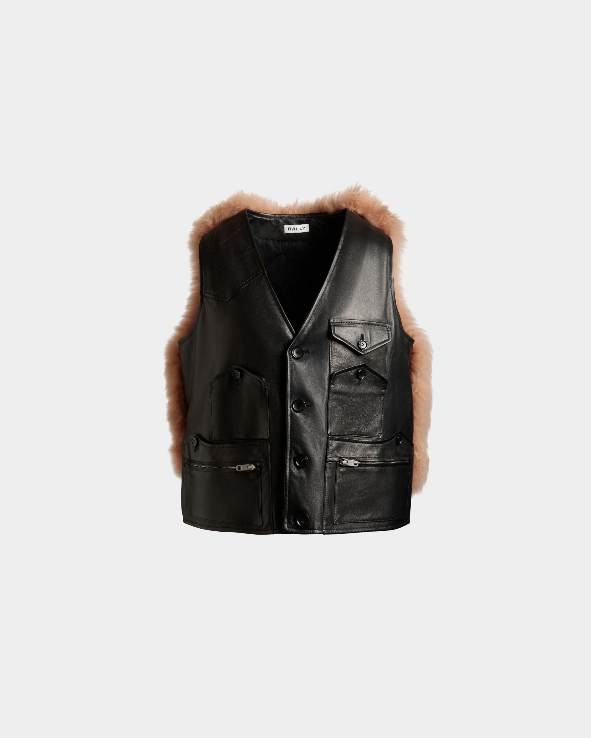 Vest With Shearling Insert In Black Leather