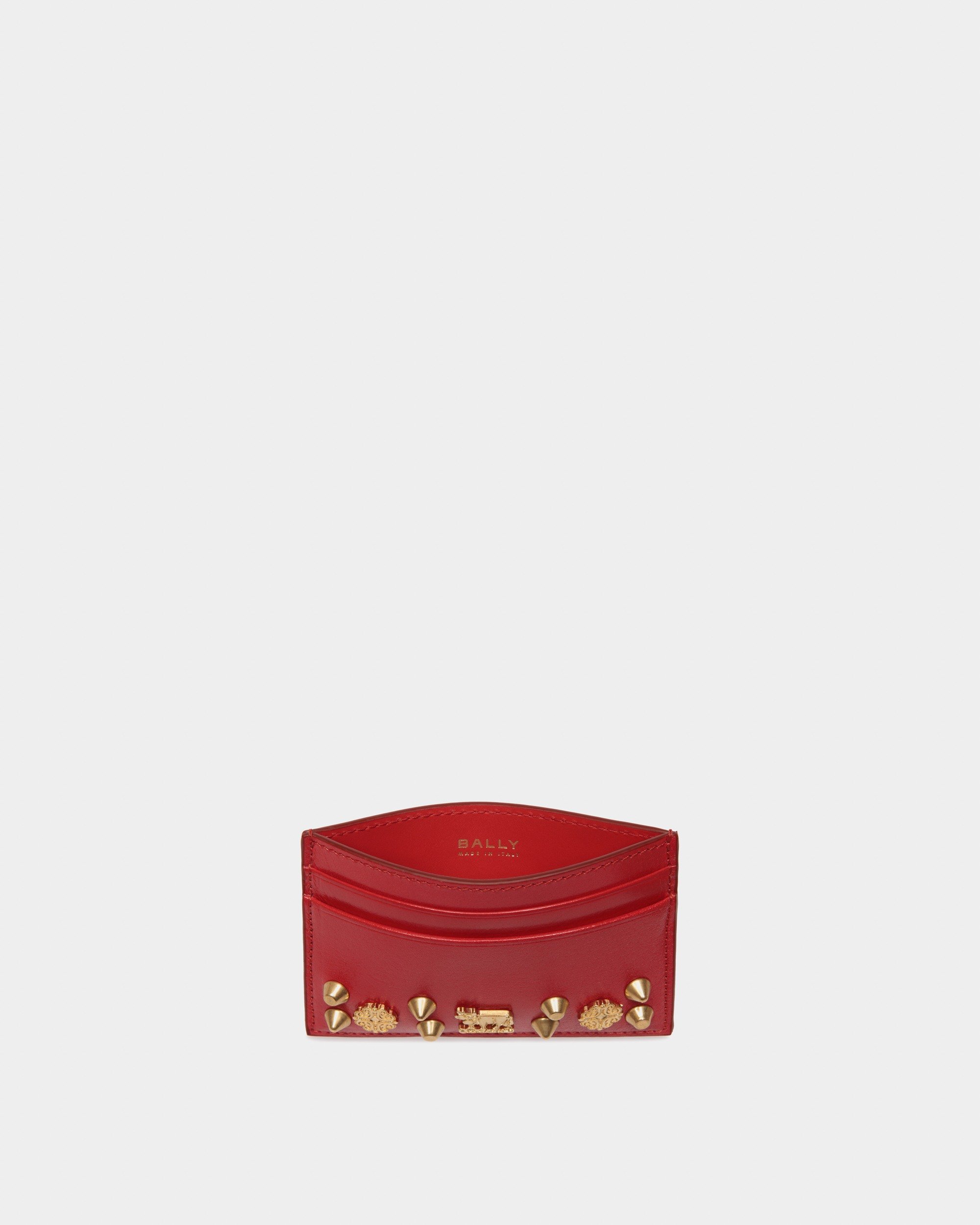 Swissness Card Holder In Red Leather with Studs