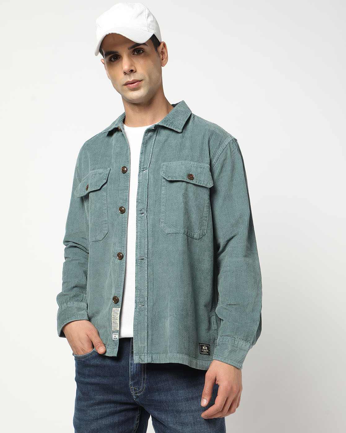 Cotton Tailored Fit Solid Double Pocket Grey Shacket