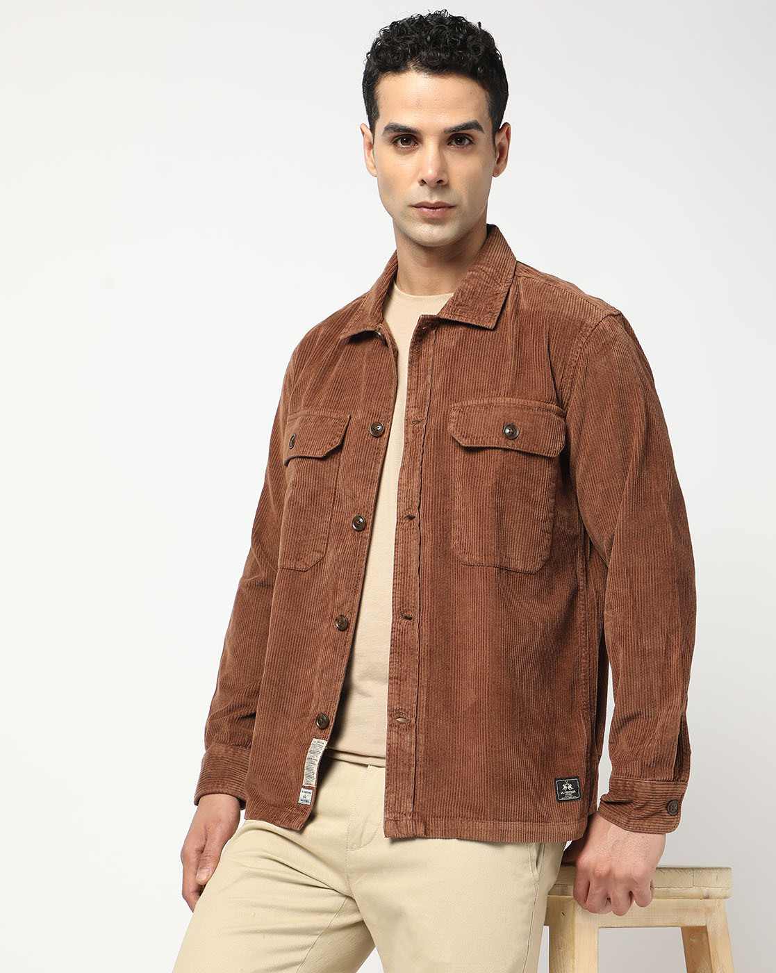 Cotton Tailored Fit Solid Double Pocket Brown Shacket