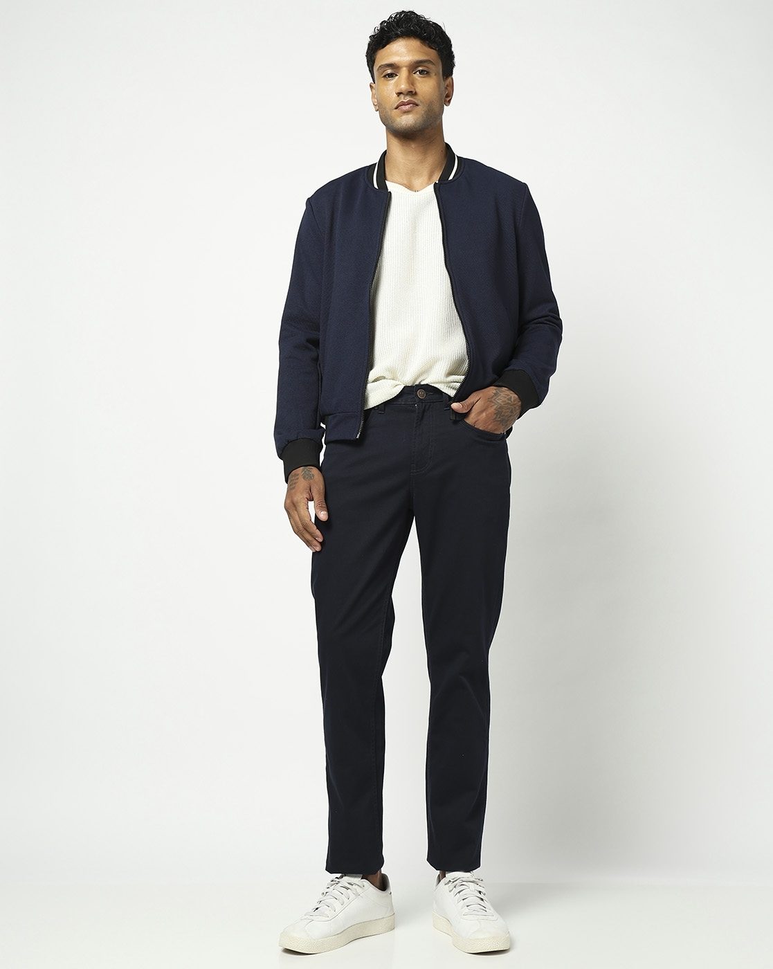 Cotton Stretch Slim Straight Solid Navy Trouser