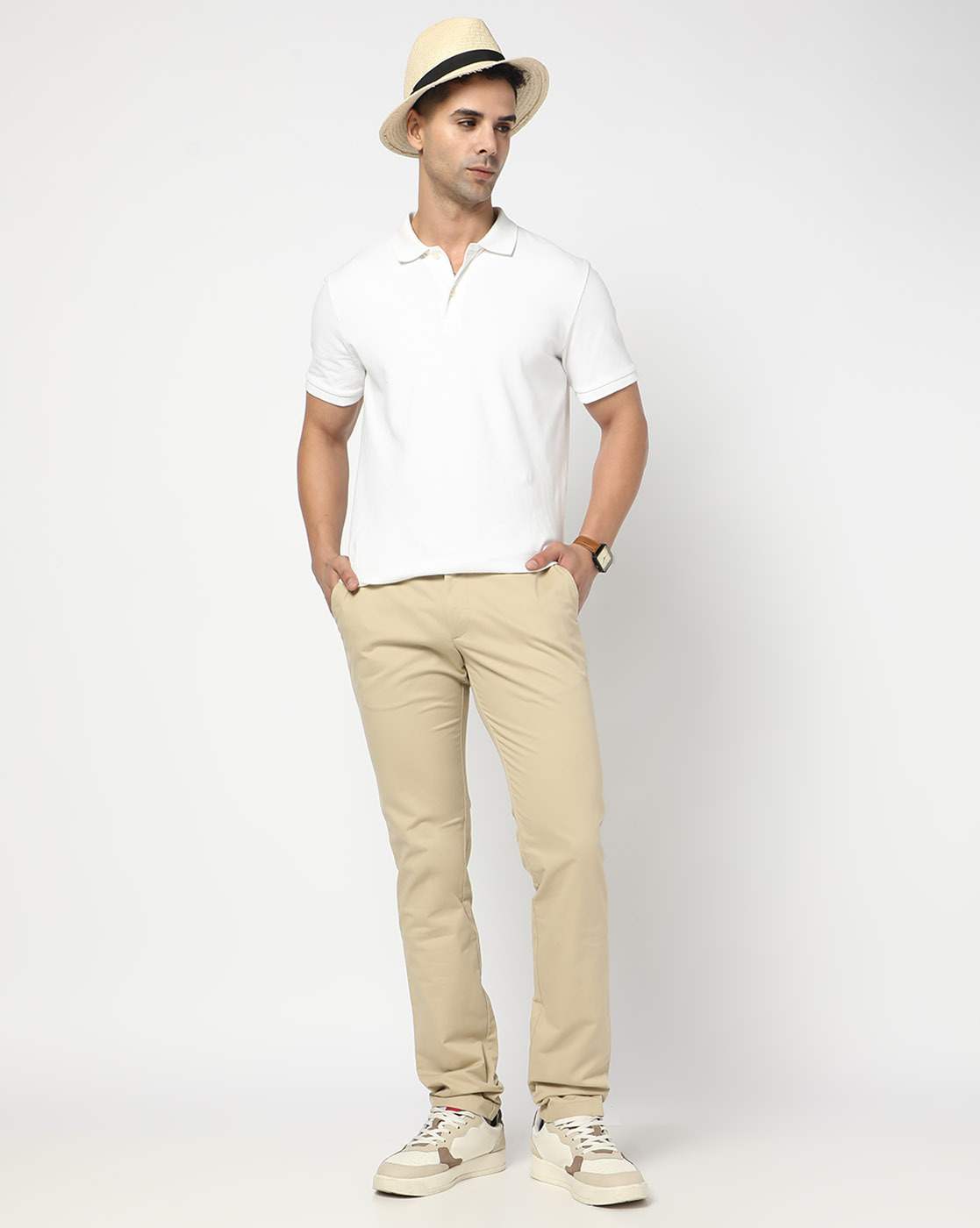 Cotton Stretch Satin Finish Slim Tapered Solid Khaki Trouser