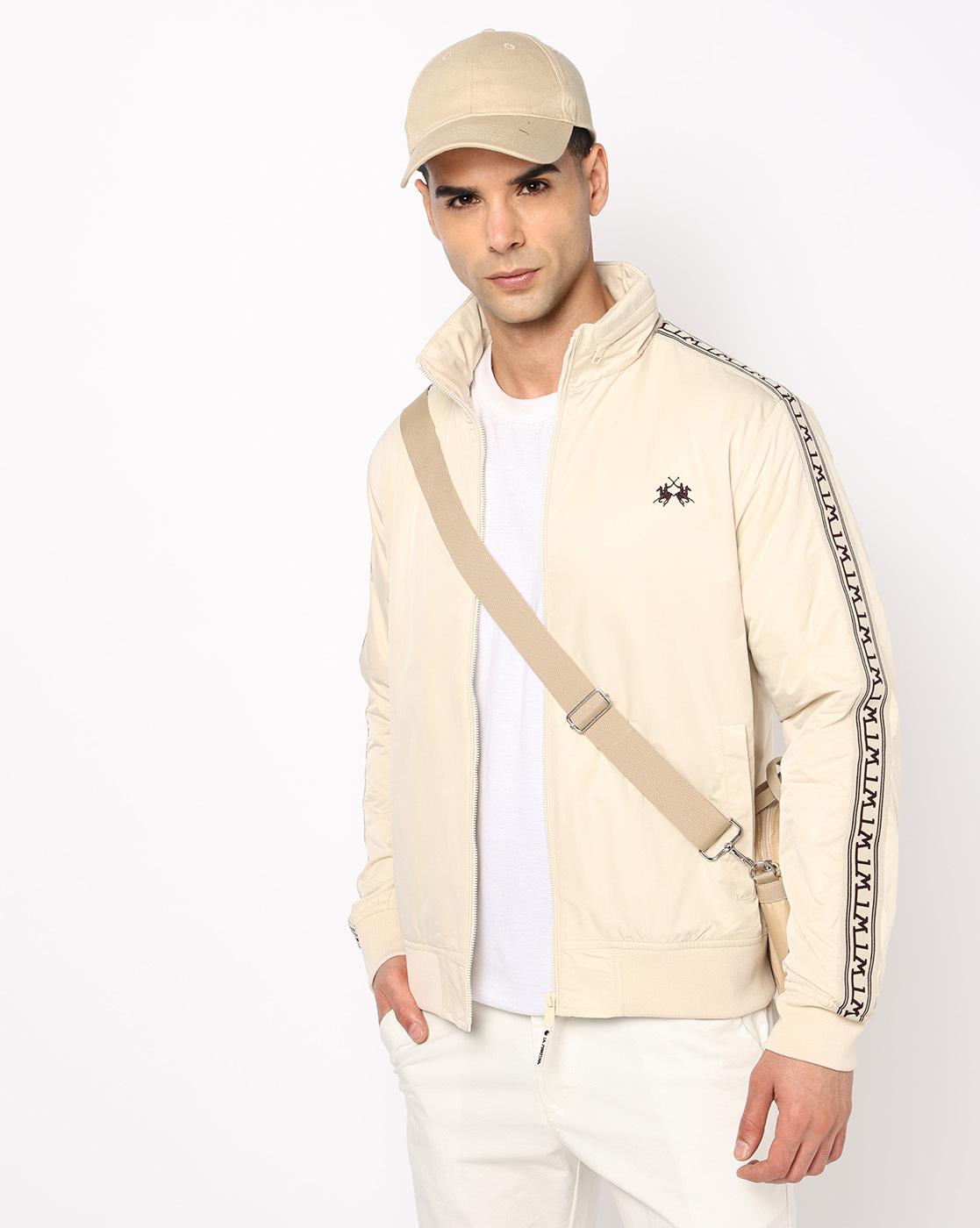 Solid Regular Fit Bomber Beige Jacket