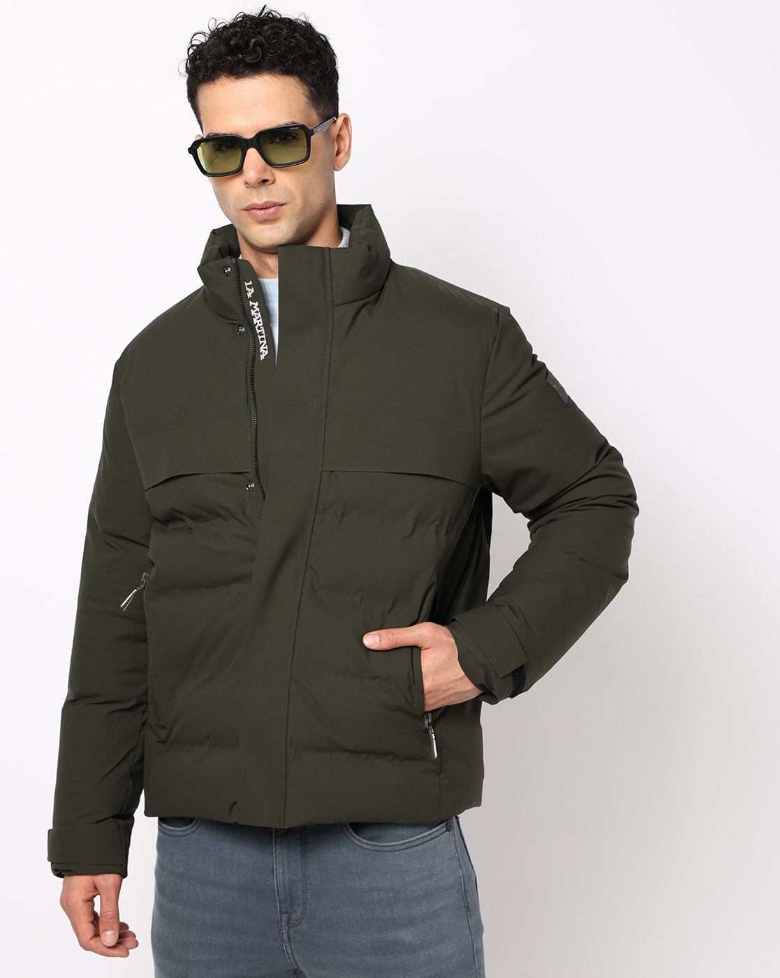 Solid Regular Fit Puffer Olive Jacket