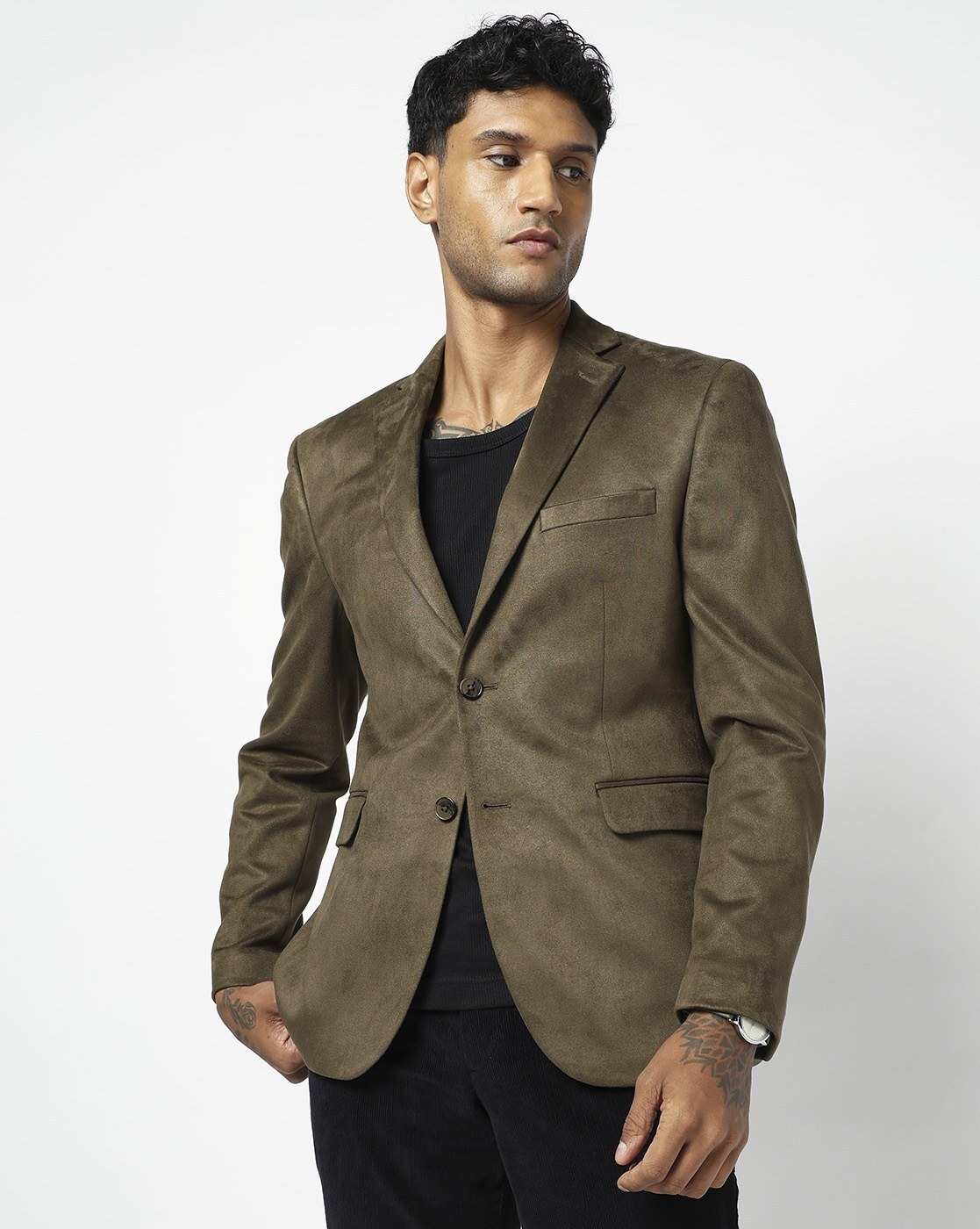 Solid Regular Fit Suede Olive Blazer