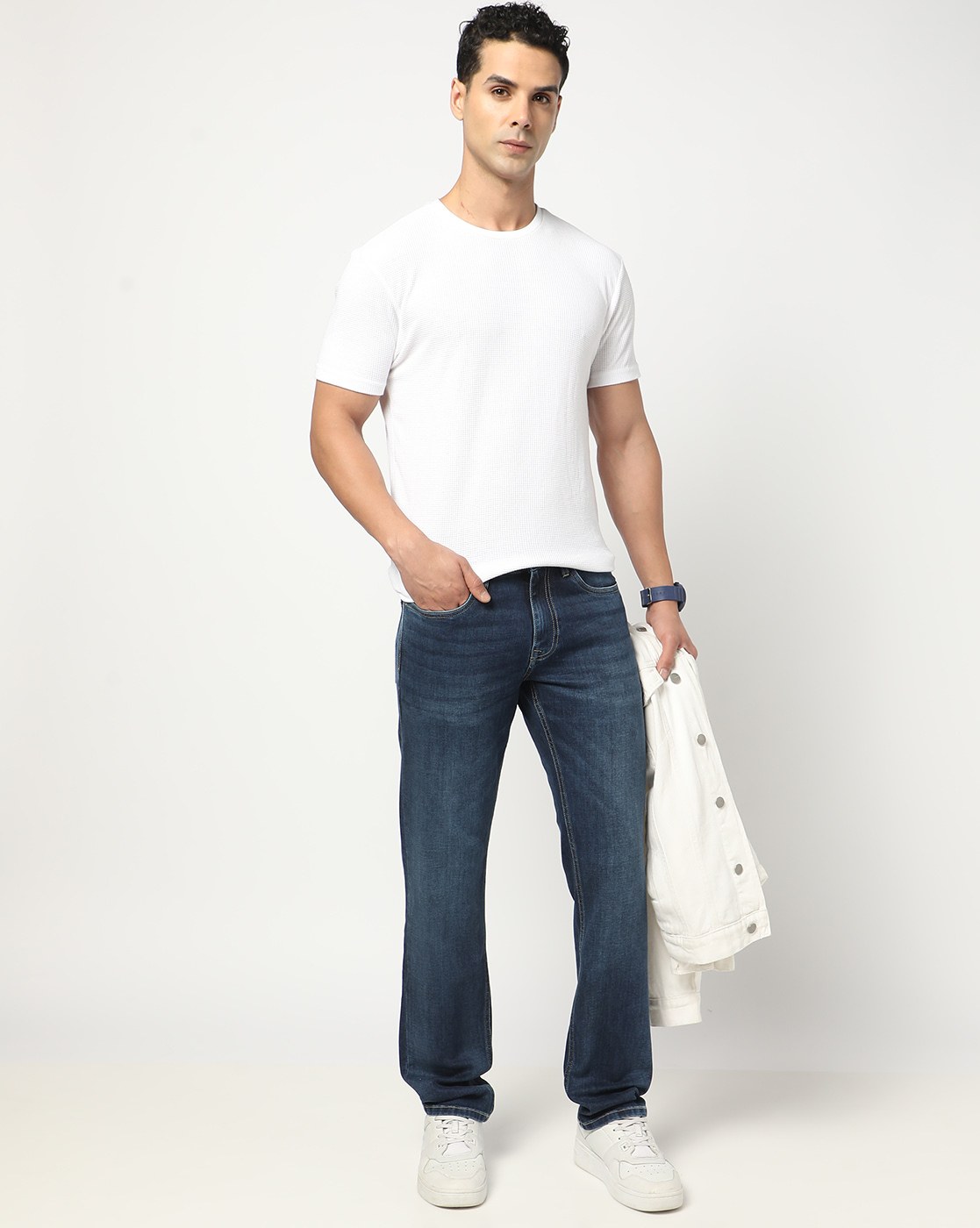 Cotton Stretch Kooltex Slim Fit Solid Blue Denim with Stretch