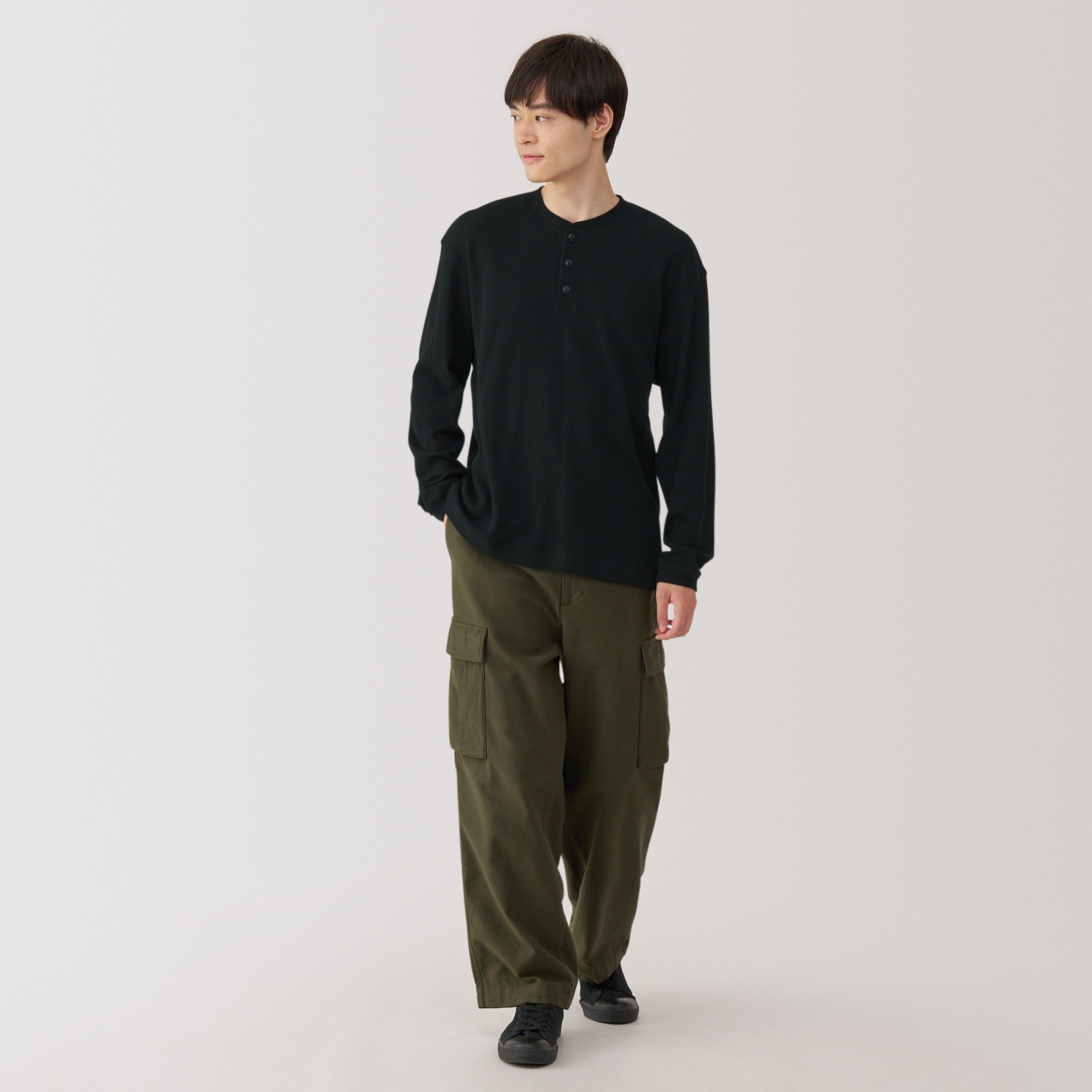 Waffle henry neck Long Sleeve T-shirt