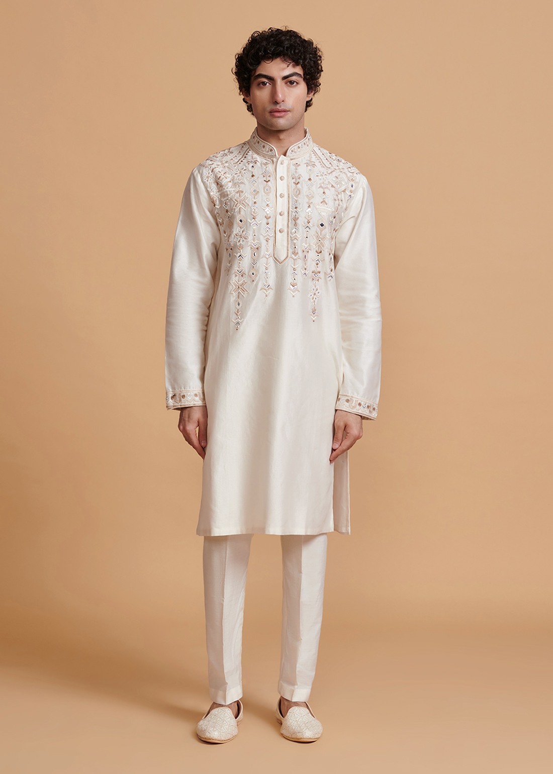 Off White Kaleen-Resham Kurta