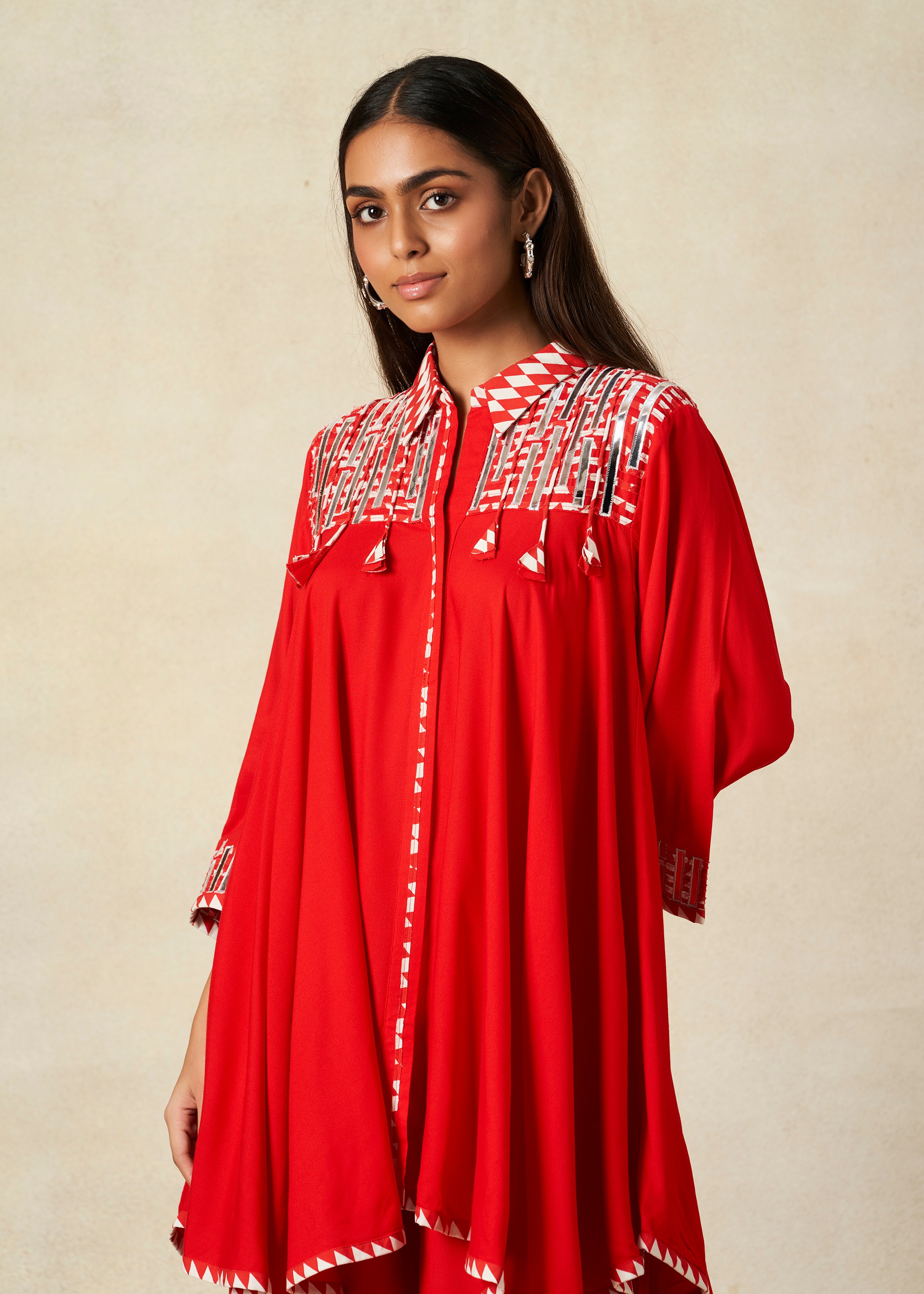 Red Collared Tunic Set
