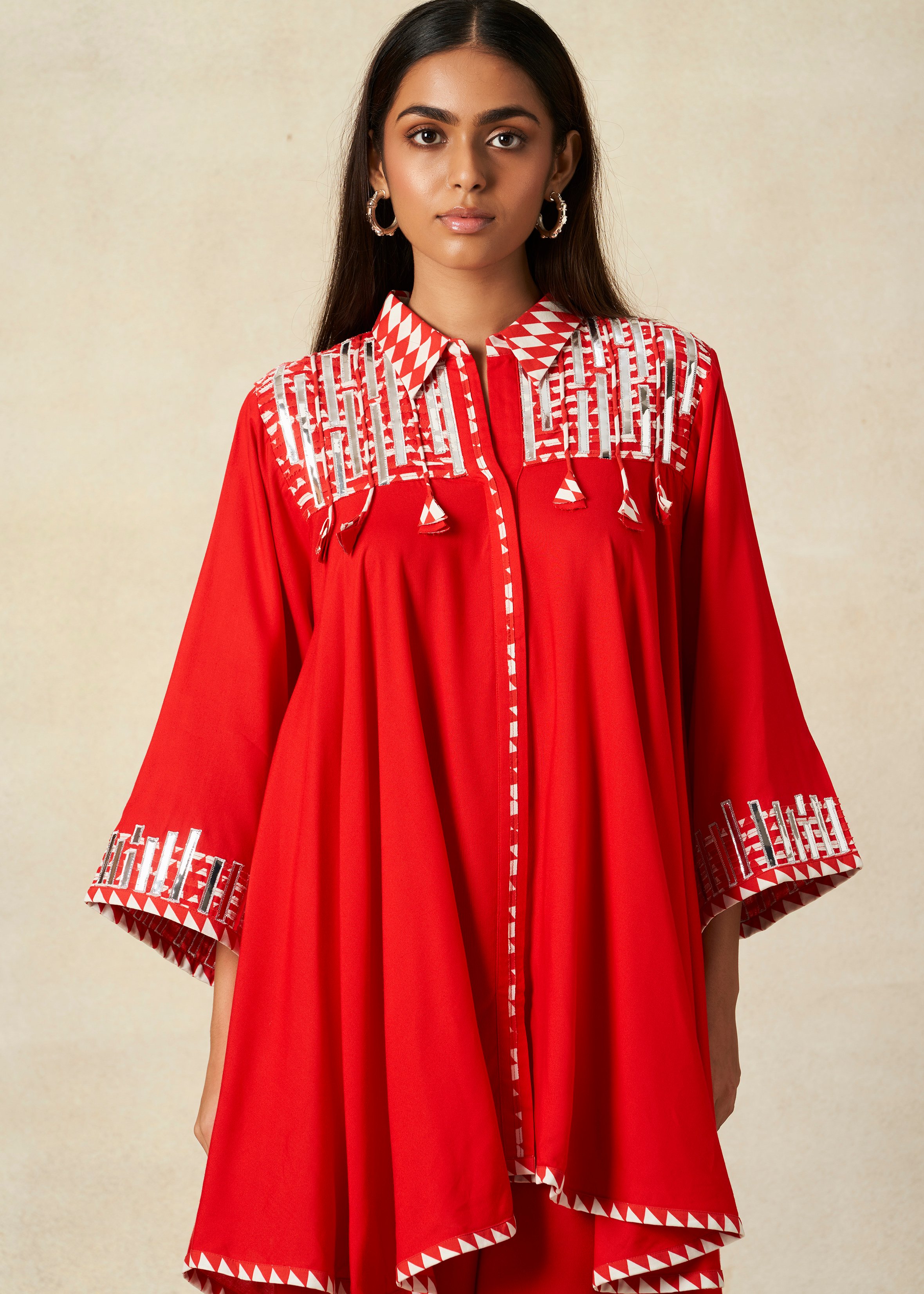Red Collared Tunic Set