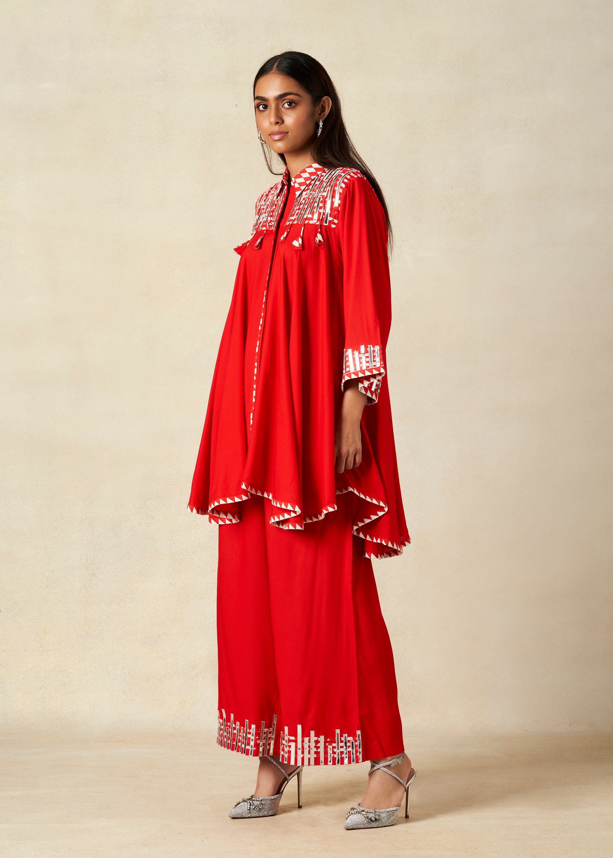 Red Collared Tunic Set