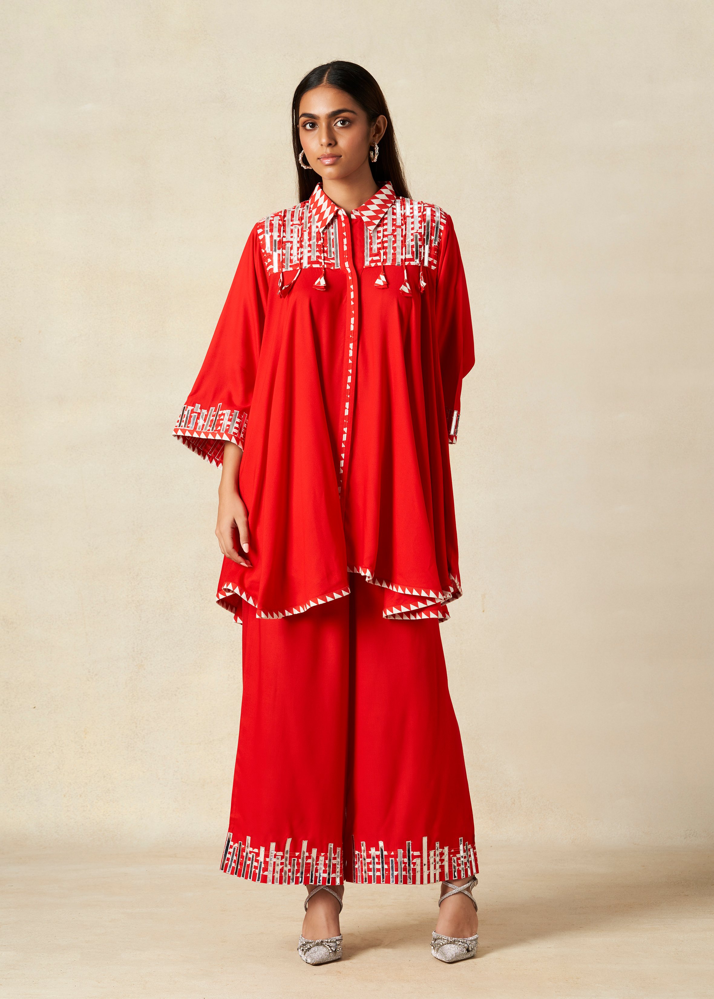 Red Collared Tunic Set