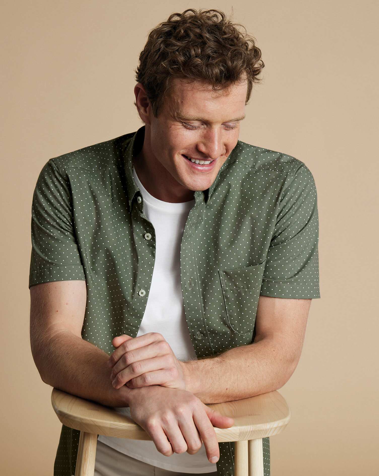 Non-Iron Stretch Spot Print Short Sleeve Shirt - Olive Green