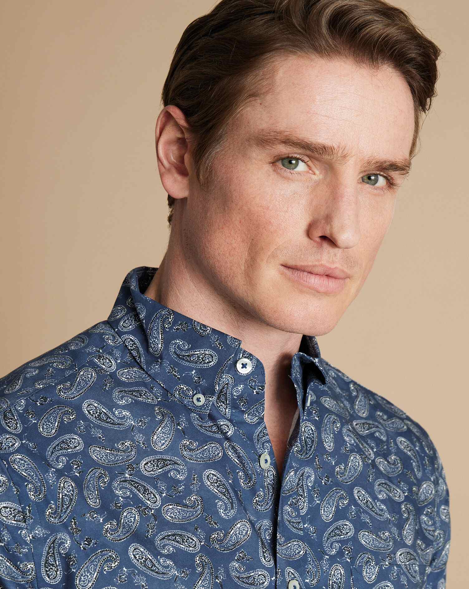 Non-Iron Stretch Paisley Print Short Sleeve Shirt - Indigo Blue