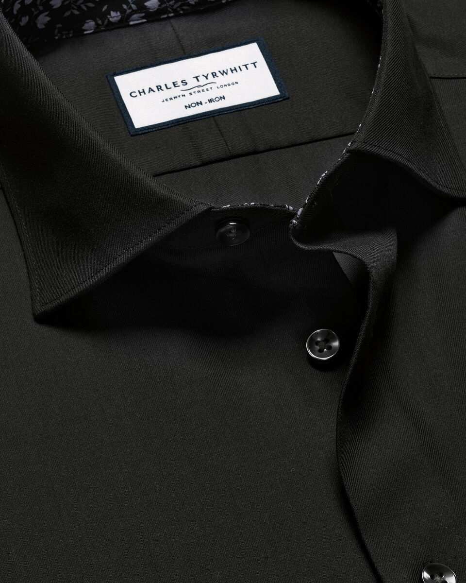 Semi-Cutaway Collar Non-Iron Twill Floral Printed Trim Shirt - Black