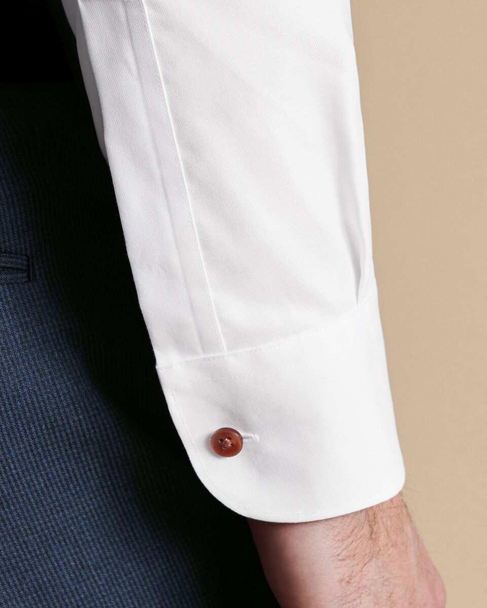 Semi-Cutaway Non-Iron Collar Twill Shirt with Printed Trim - White
