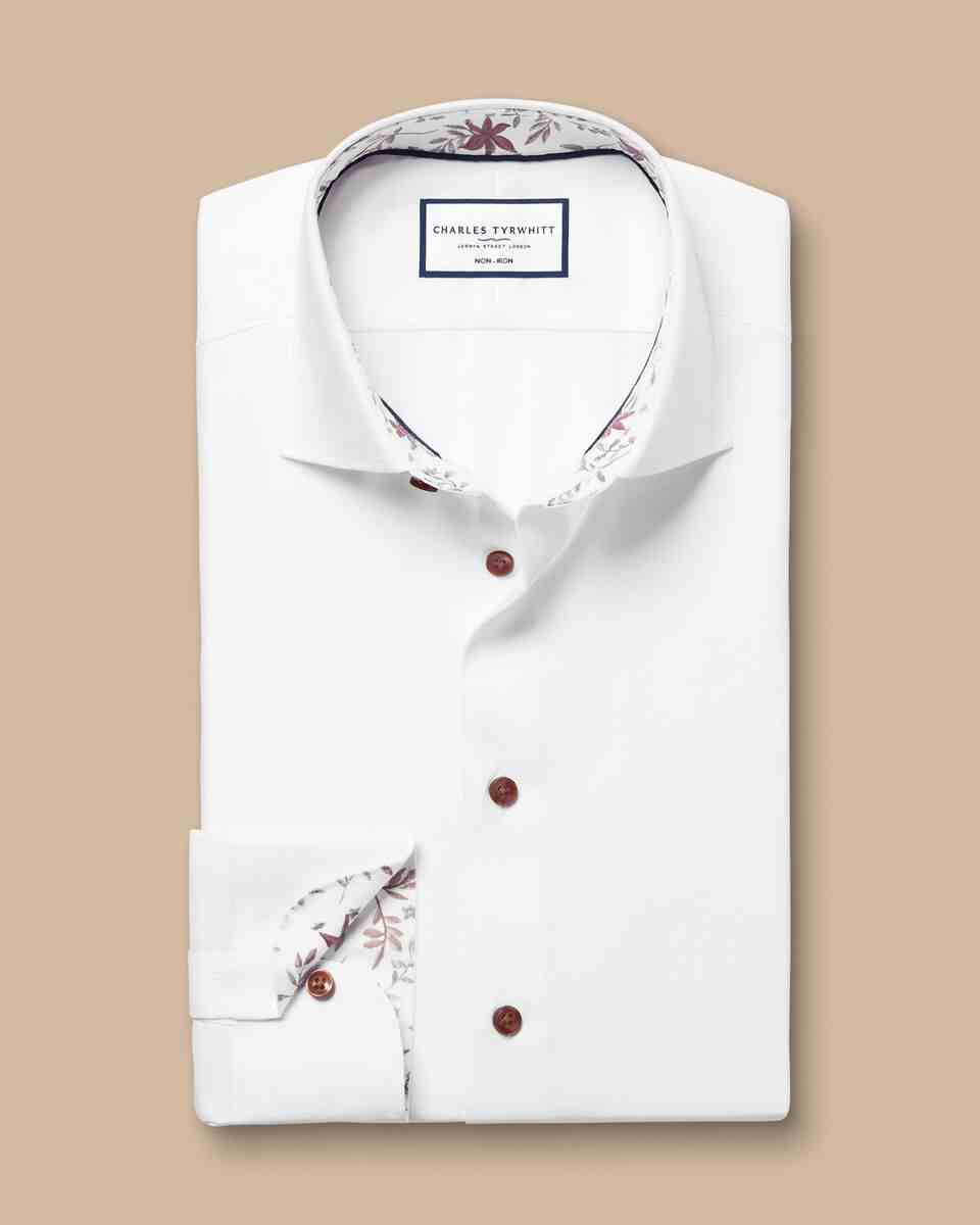 Semi-Cutaway Non-Iron Collar Twill Shirt with Printed Trim - White