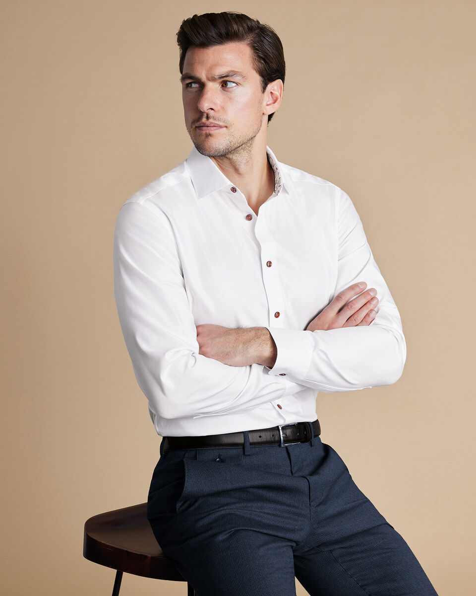 Semi-Cutaway Non-Iron Collar Twill Shirt with Printed Trim - White