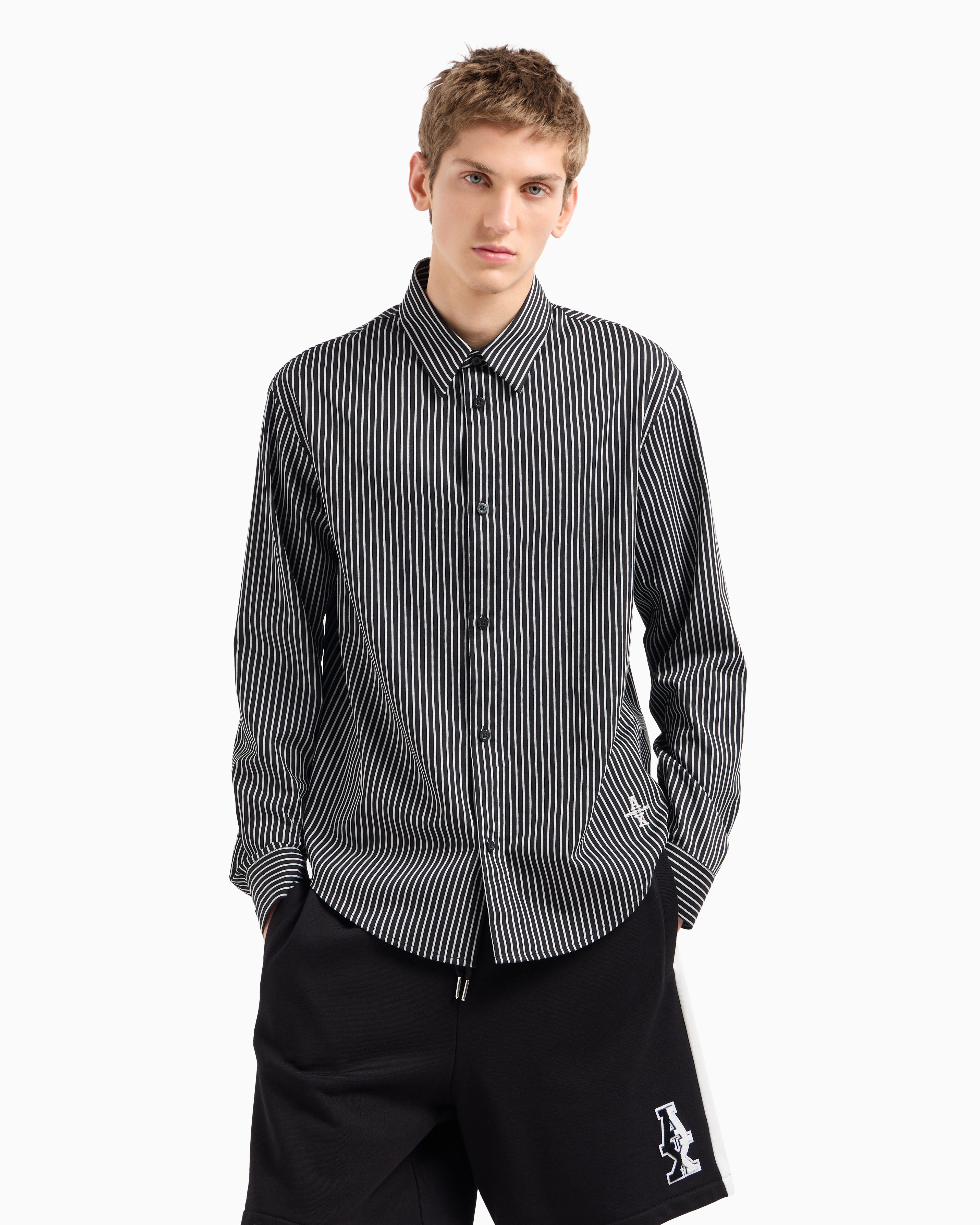 Letterman Badging Loose Fit Black Stripe Shirt