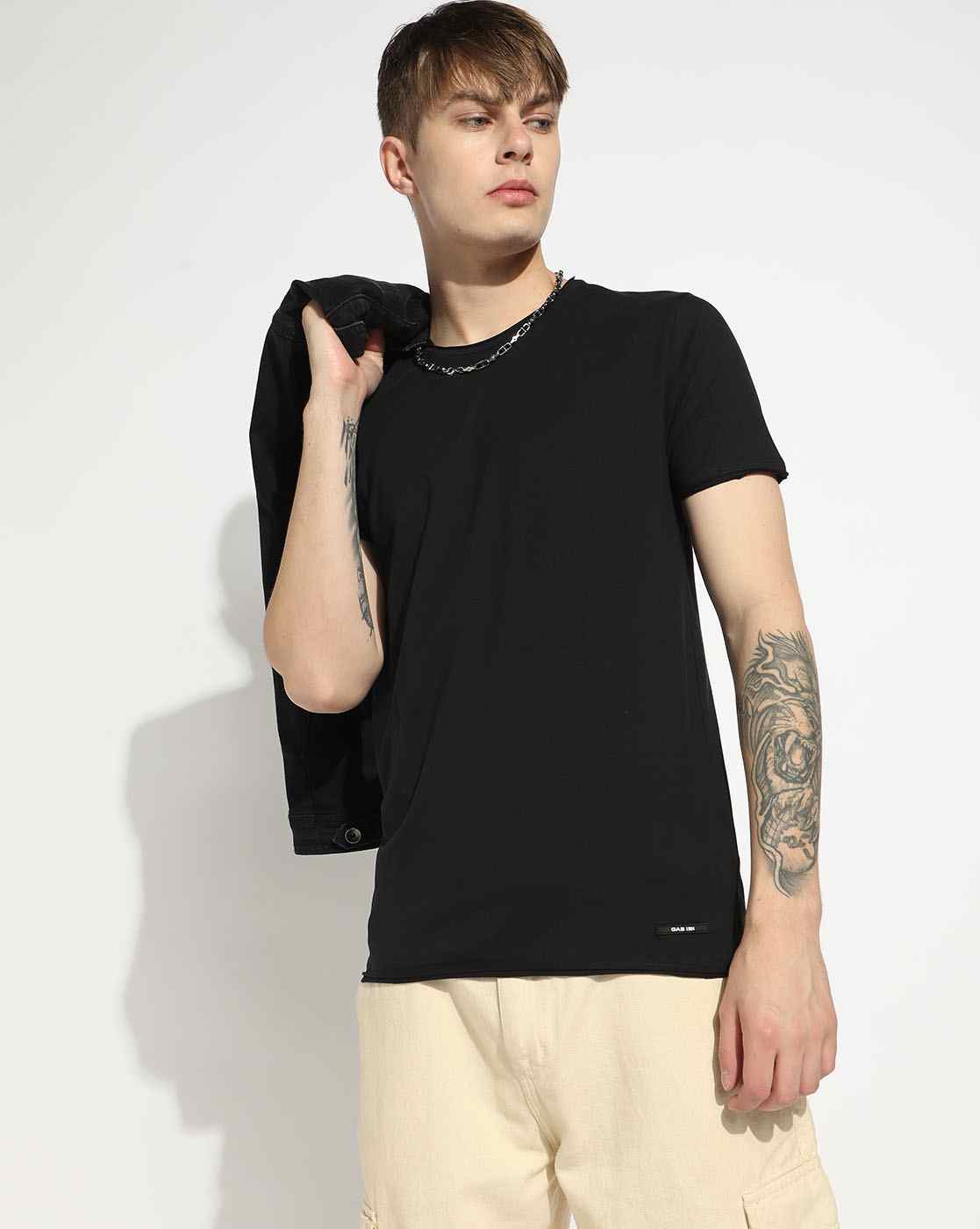 GAS | Cotton Spandex Raw Hem Solid Basic Slim Fit Tee