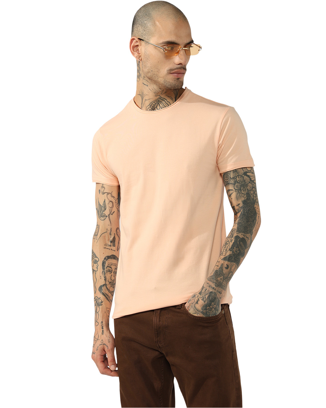 GAS | Cotton Spandex Raw Hem Solid Basic Slim Fit Tee