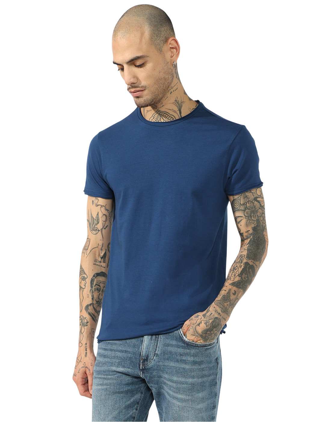GAS | Cotton Spandex Raw Hem Solid Basic Slim Fit Tee