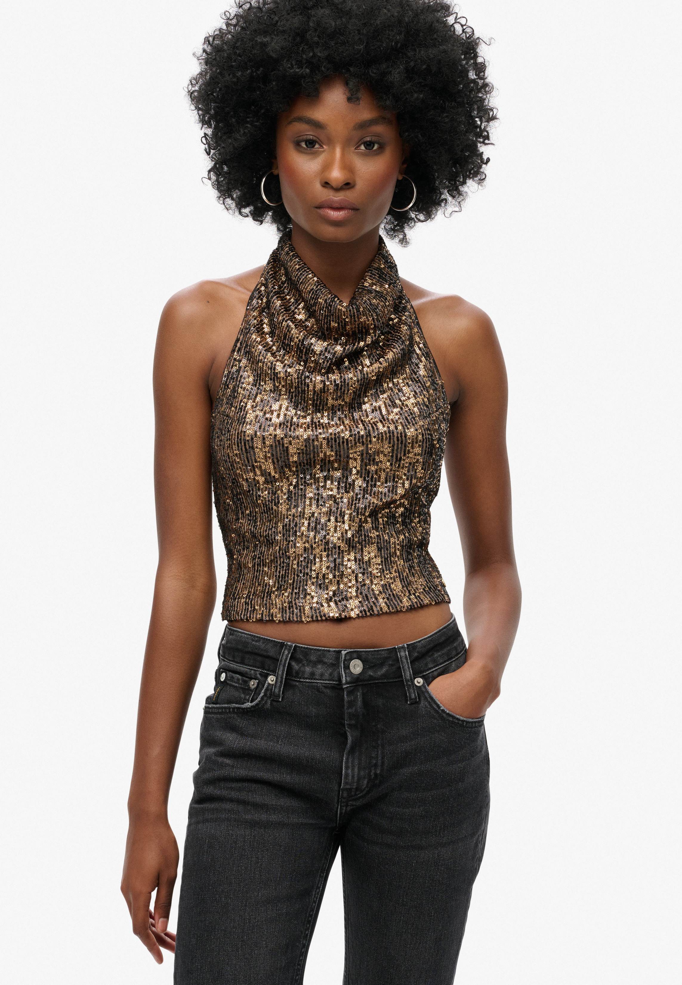 COWL HALTER NECK SEQUIN TOP