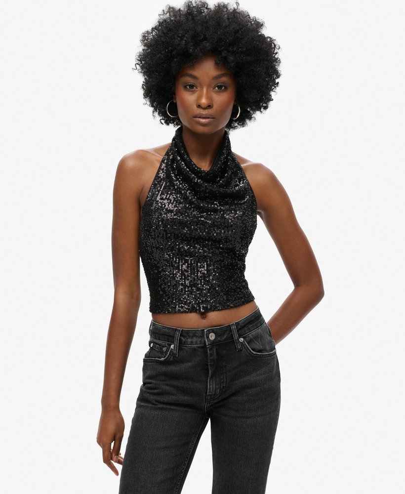 COWL HALTER NECK SEQUIN TOP