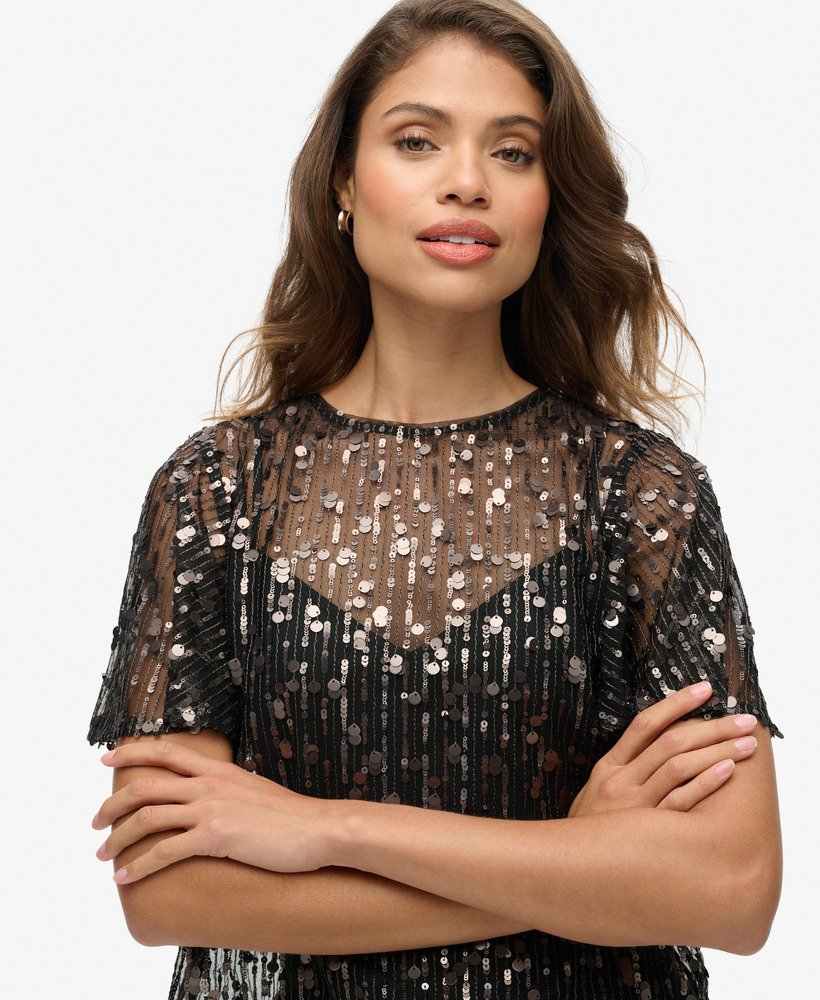 SHEER SHORT SLEEVE SEQUIN TOP