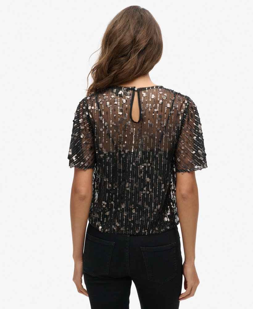 SHEER SHORT SLEEVE SEQUIN TOP