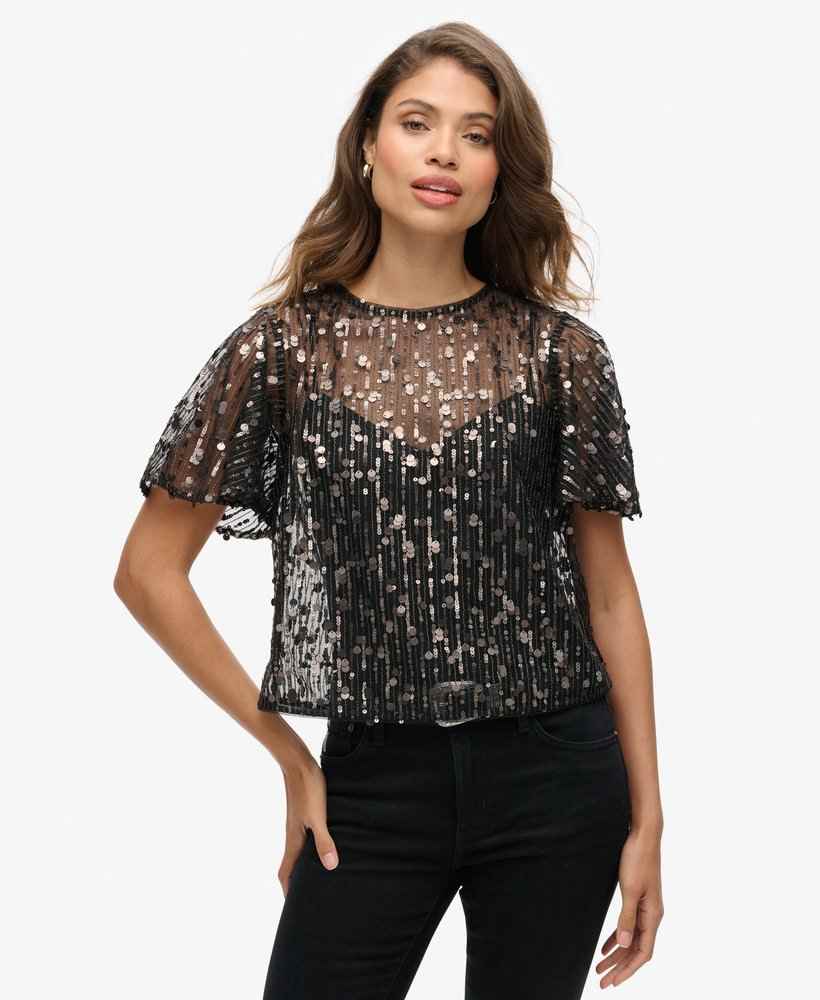 SHEER SHORT SLEEVE SEQUIN TOP