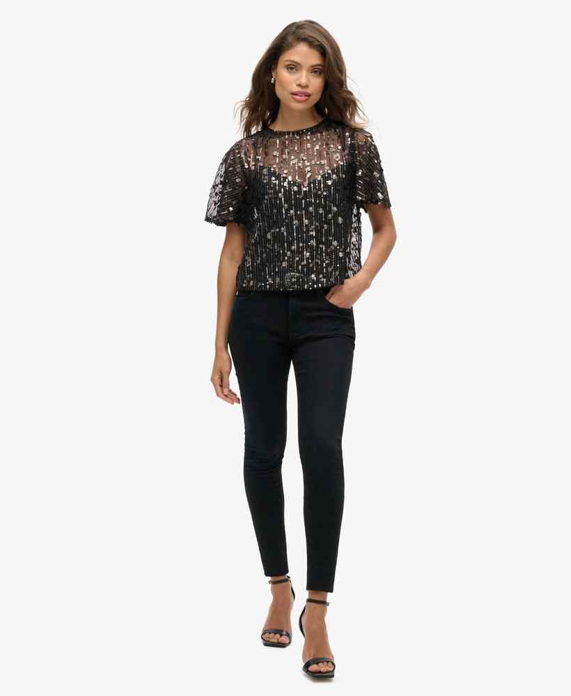SHEER SHORT SLEEVE SEQUIN TOP