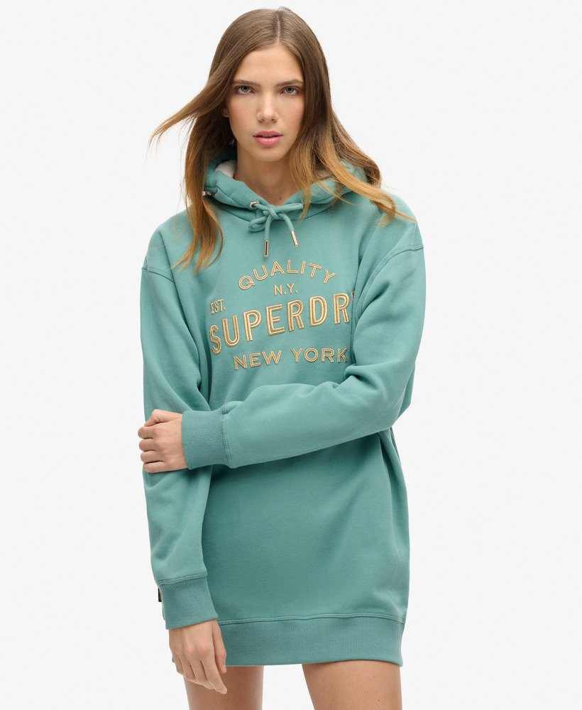 LUXE METALLIC LOGO HOOD DRESS