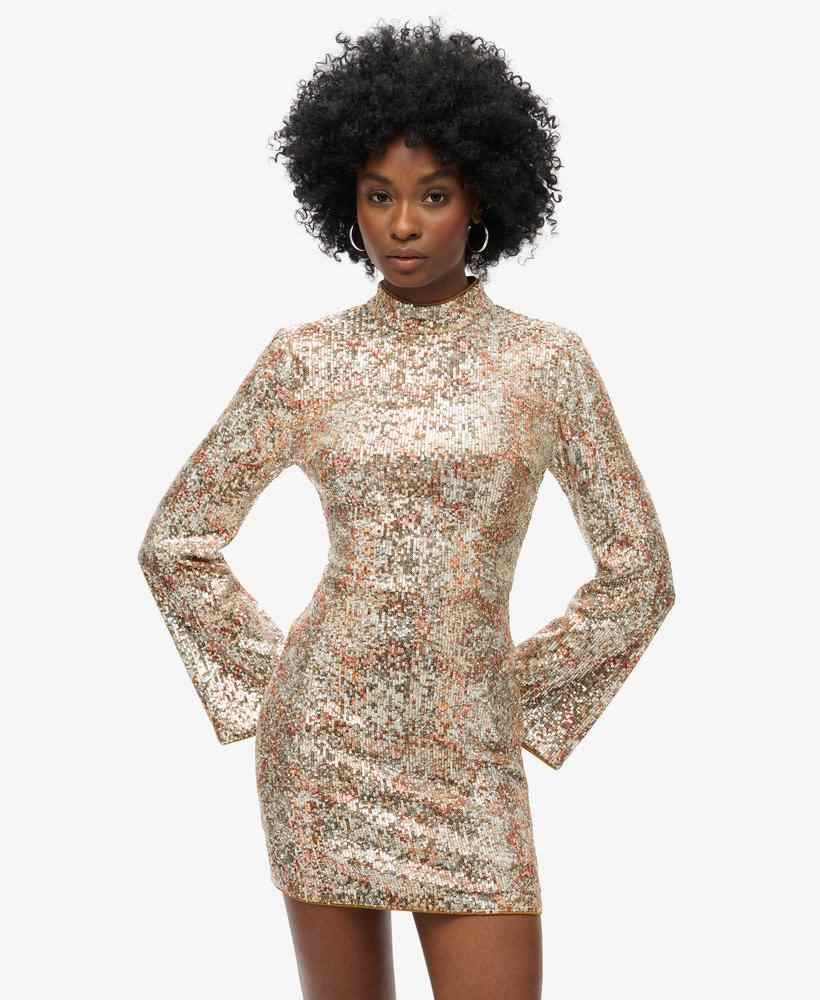 LS PRINTED SEQUIN MINI DRESS