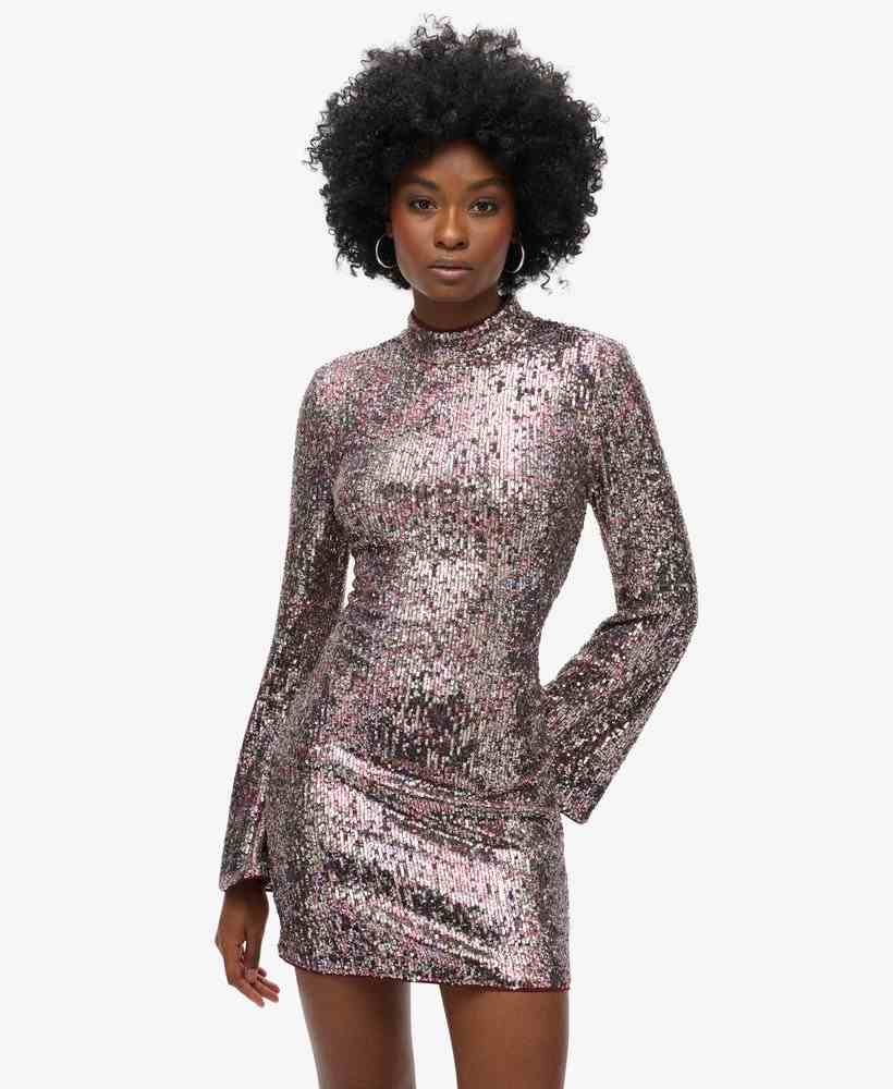 LS PRINTED SEQUIN MINI DRESS