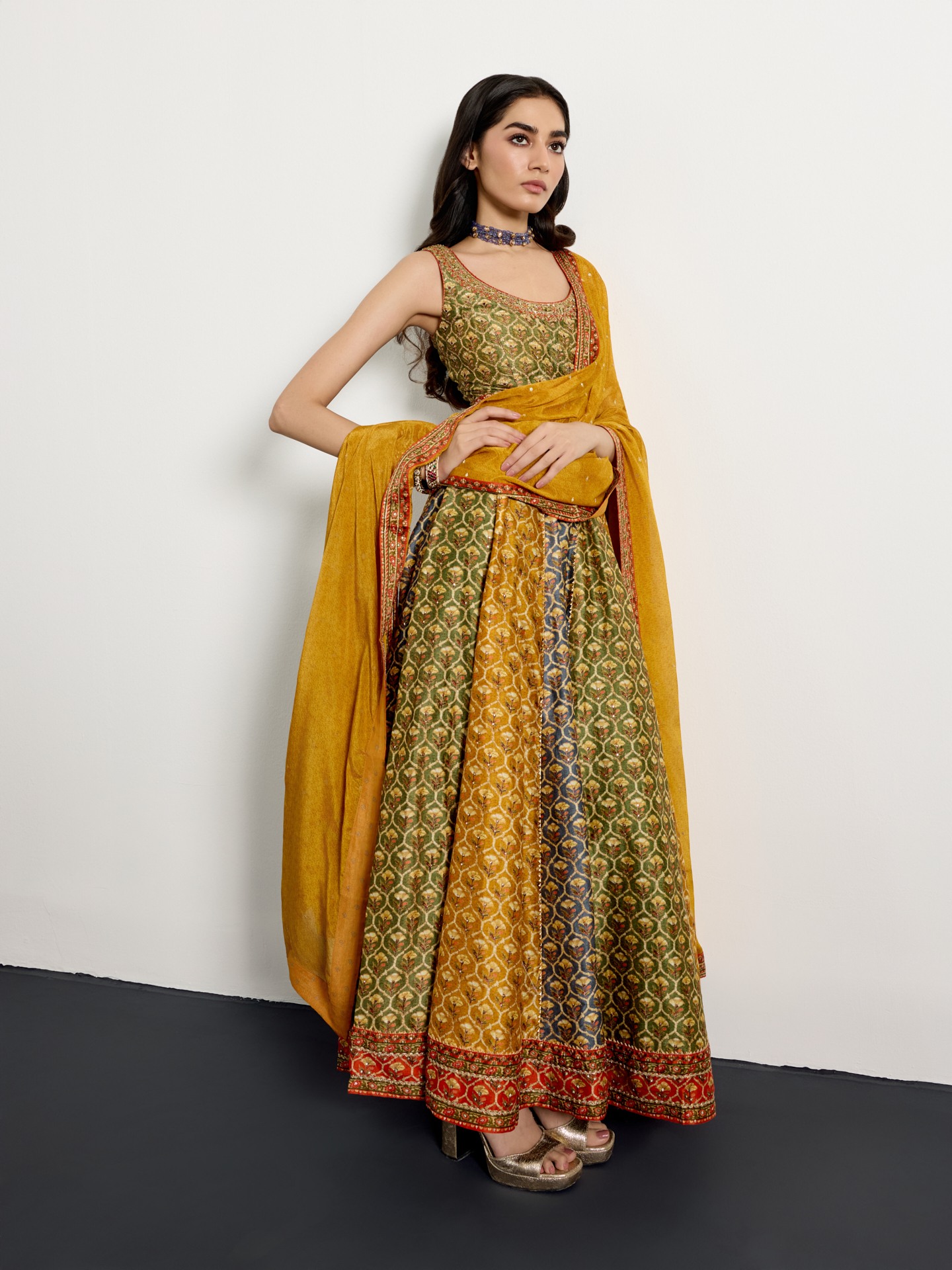 Khaki Mustard Mughal Buti Suit