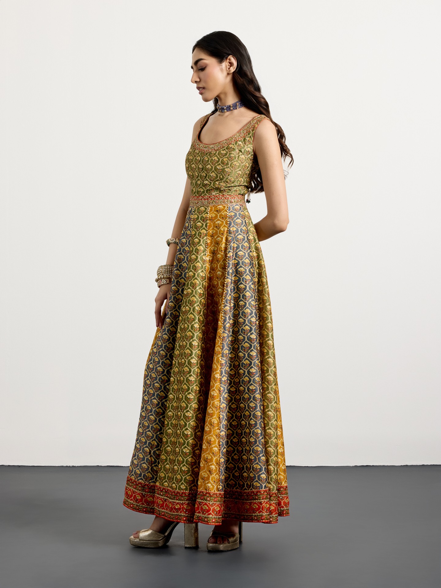 Khaki Mustard Mughal Buti Suit