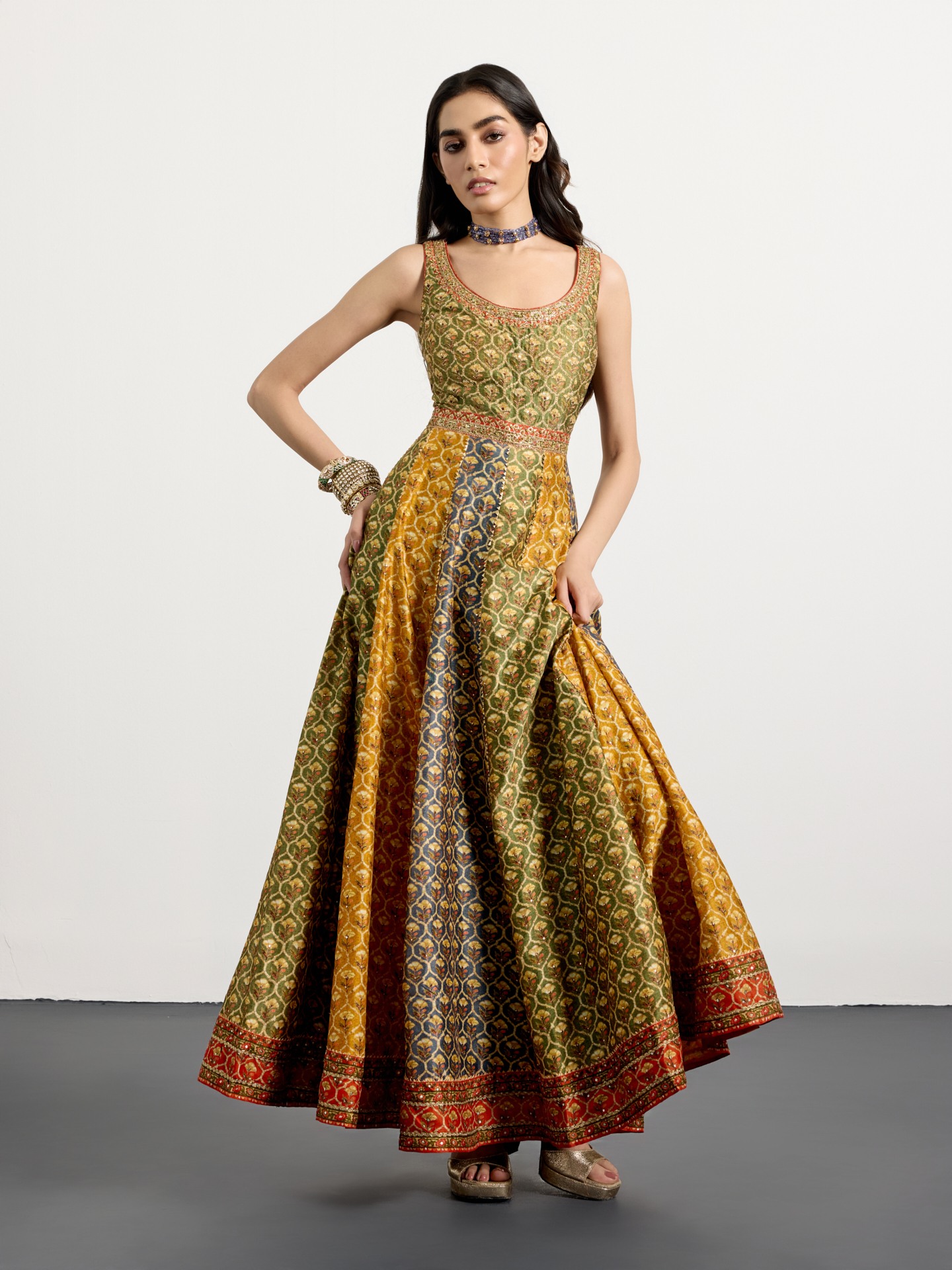 Khaki Mustard Mughal Buti Suit